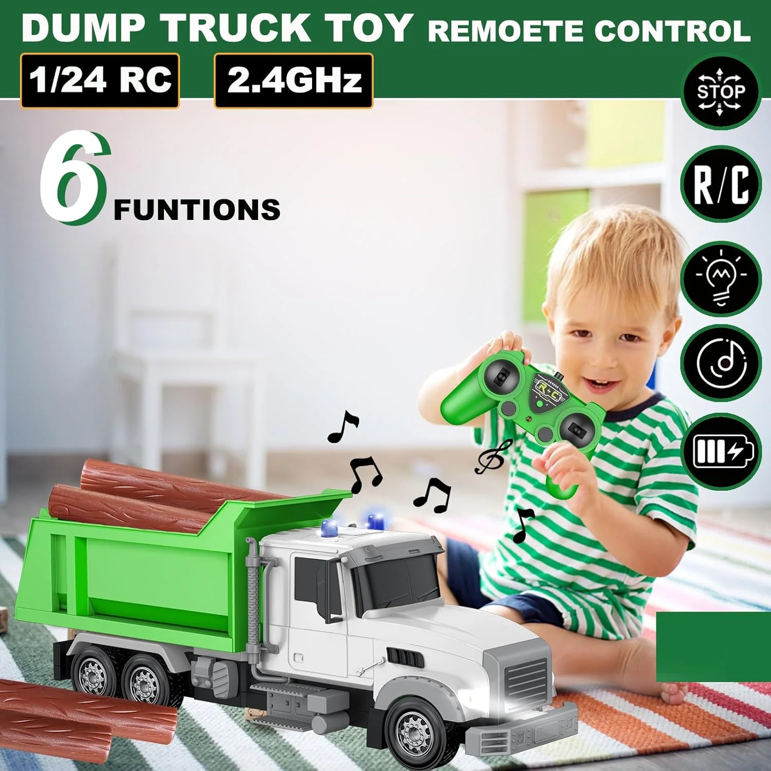 اسباب بازی کامیون کمپرسی ساختمانی کنترلی، ماشین کنترلی 6 کاناله با 6 تکه چوب، 2 باتری قابل شارژ، کامیون کمپرسی مقیاس 1/24، ایده های هدیه تولد برای پسران 3-8 ساله