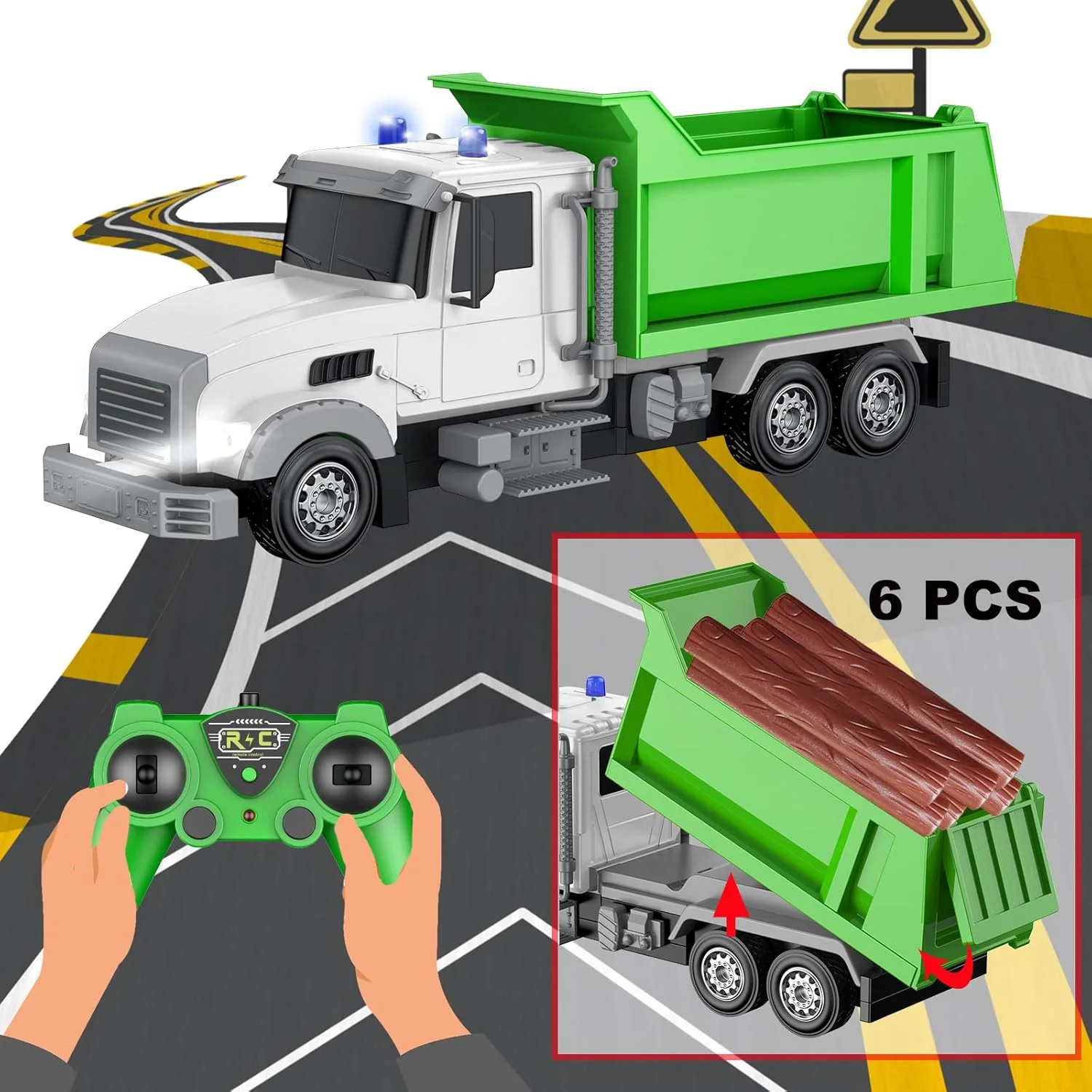 اسباب بازی کامیون کمپرسی ساختمانی کنترلی، ماشین کنترلی 6 کاناله با 6 تکه چوب، 2 باتری قابل شارژ، کامیون کمپرسی مقیاس 1/24، ایده های هدیه تولد برای پسران 3-8 ساله