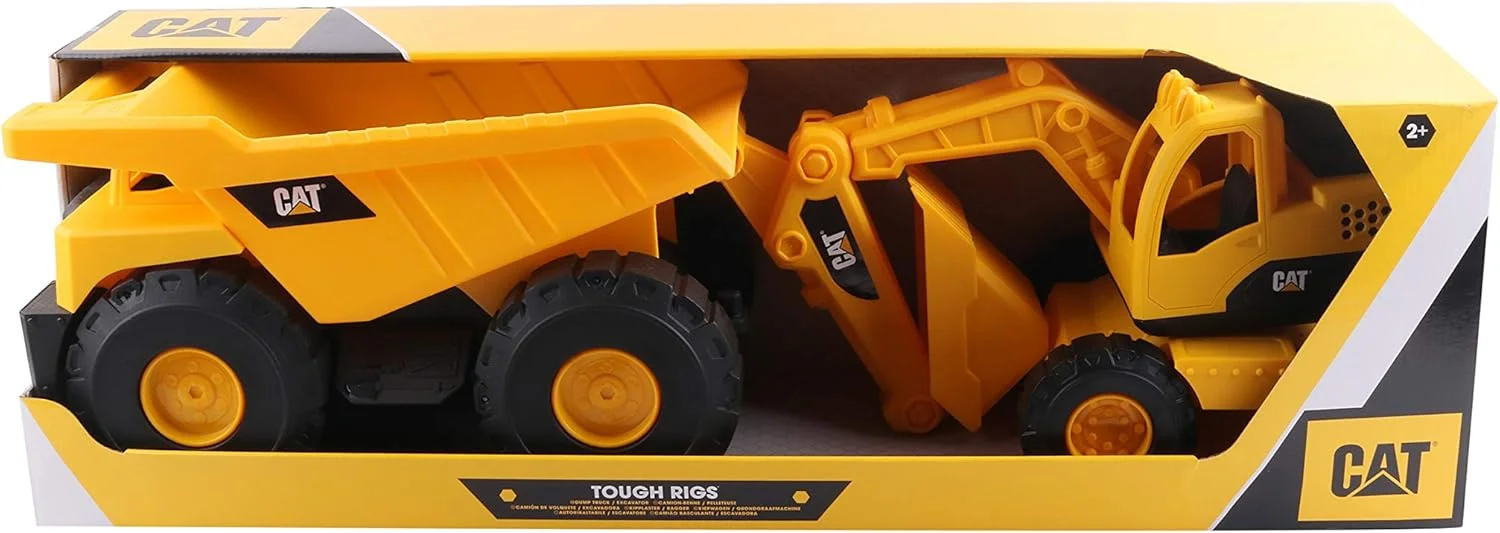 مجموعه دو عددی ماشین های ساختمانی پلاستیکی شامل کامیون کمپرسی و بیل مکانیکی، زرد، 38 سانتی متر، دارای مجوز CAT، مناسب برای کودکان بالای 3 سال، ابعاد: 80x20x22 سانتی متر