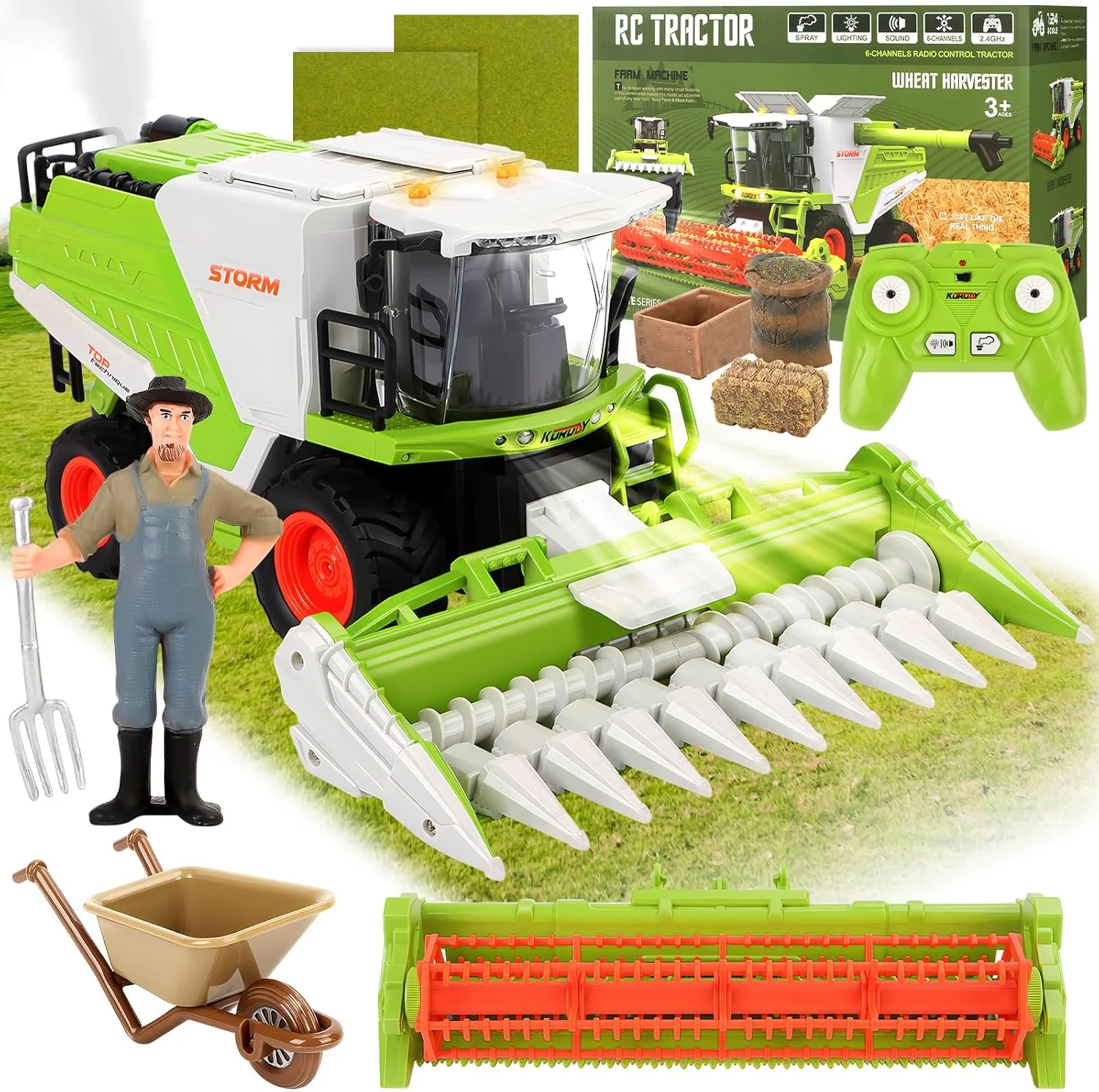 ماشین برداشت محصول کنترلی، تراکتور کنترلی برای کودکان، تراکتور برداشت محصول مزرعه 2.4 گیگاهرتزی با نور و اسپری، هدیه اسباب بازی مزرعه برای کودکان