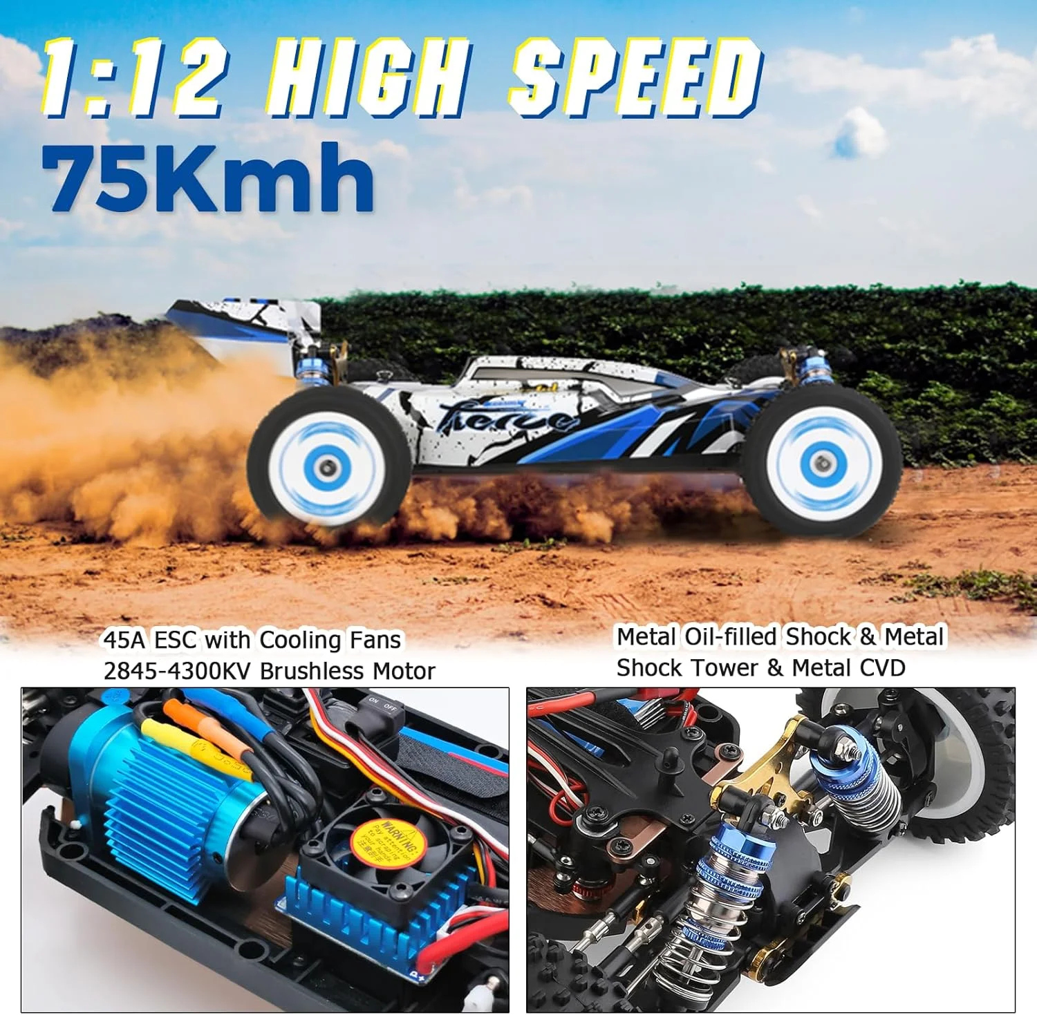 ماشین کنترلی سرعتی CKYSCHN WLtoys 124017(V2)، ماشین های آرسی براشلس 1/12، ماشین های باگی آرسی سرگرمی 4x4 با سرعت 75 کیلومتر بر ساعت با ESC مستقل برای بزرگسالان، ماشین کامیون کنترلی از راه دور سریع با 2 باتری