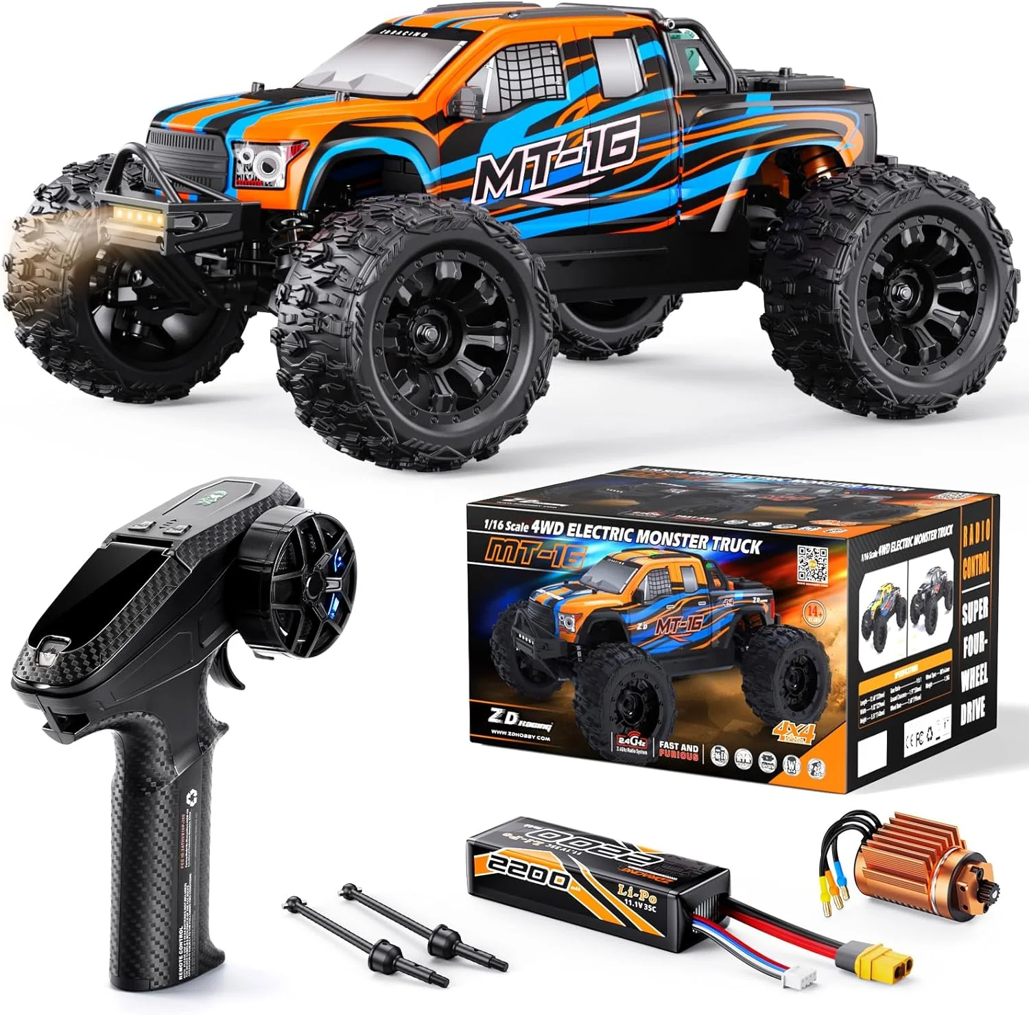ماشین کنترلی ZD Racing MT-16 مقیاس 1/16 براشلس 4WD با سرعت 80 کیلومتر در ساعت، ماشین های کنترلی آفرود قابل ارتقا با باتری 3S، ماشین مسابقه ای ضد آب سریع برای بزرگسالان، مناسب به عنوان هدیه برای ماجراجویی در برف/شن