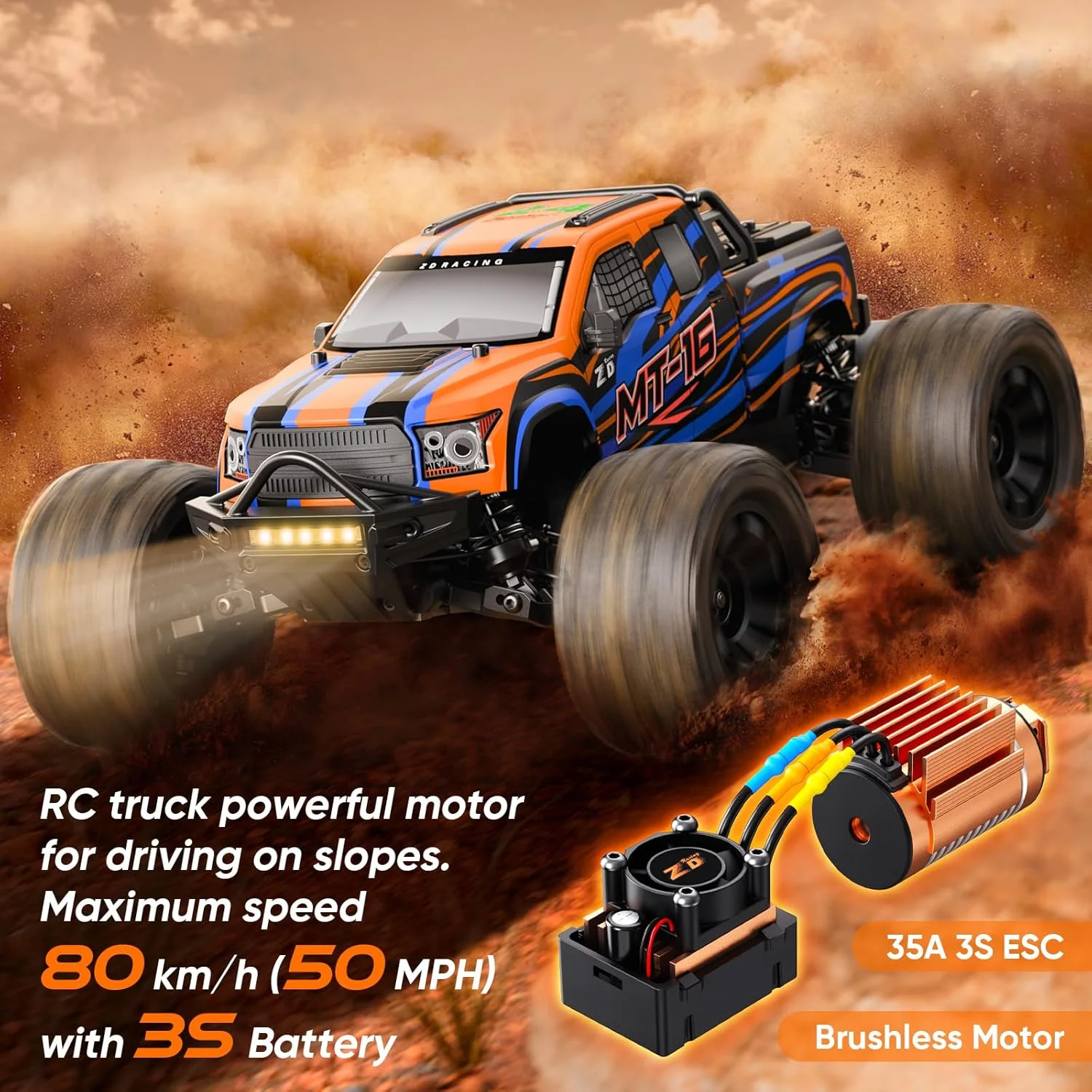 ماشین کنترلی ZD Racing MT-16 مقیاس 1/16 براشلس 4WD با سرعت 80 کیلومتر در ساعت، ماشین های کنترلی آفرود قابل ارتقا با باتری 3S، ماشین مسابقه ای ضد آب سریع برای بزرگسالان، مناسب به عنوان هدیه برای ماجراجویی در برف/شن