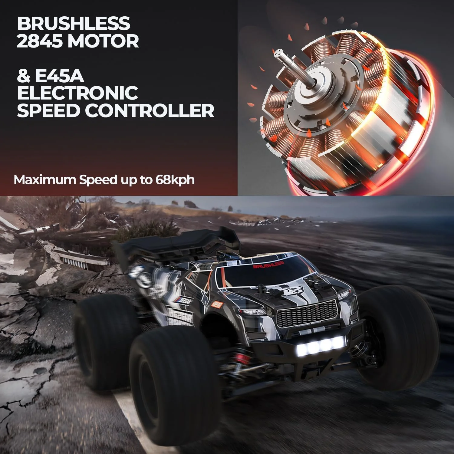 ماشین کنترلی سرعتی بزرگسالان BEZGAR HP163S - حداکثر سرعت 68 کیلومتر بر ساعت، مقیاس 1/16، کامیون کنترلی براشلس 4x4 آفرود ضد آب، ماشین هیولای سرعت بالا درجه سرگرمی - ماشین کنترلی الکتریکی تمام زمینی برای پسران