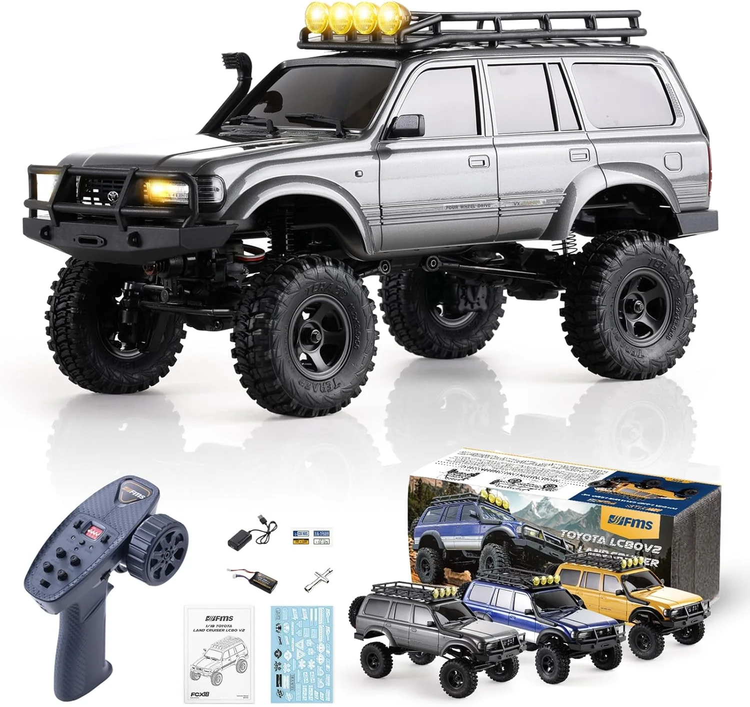 مدل آماده حرکت BEEZRC FMS RC خزنده 1/18 FCX18 لندکروزر LC80 دارای مجوز رسمی تویوتا، کامیون صخره نوردی 4WD با کنترل از راه دور 2.4 گیگاهرتز، باتری 900 میلی آمپر ساعتی، مدل ماشین RC درجه سرگرمی، مینی ماشین کنترل از راه دور، خودروی آفرود FMS11831RTRGY (خاکستری)