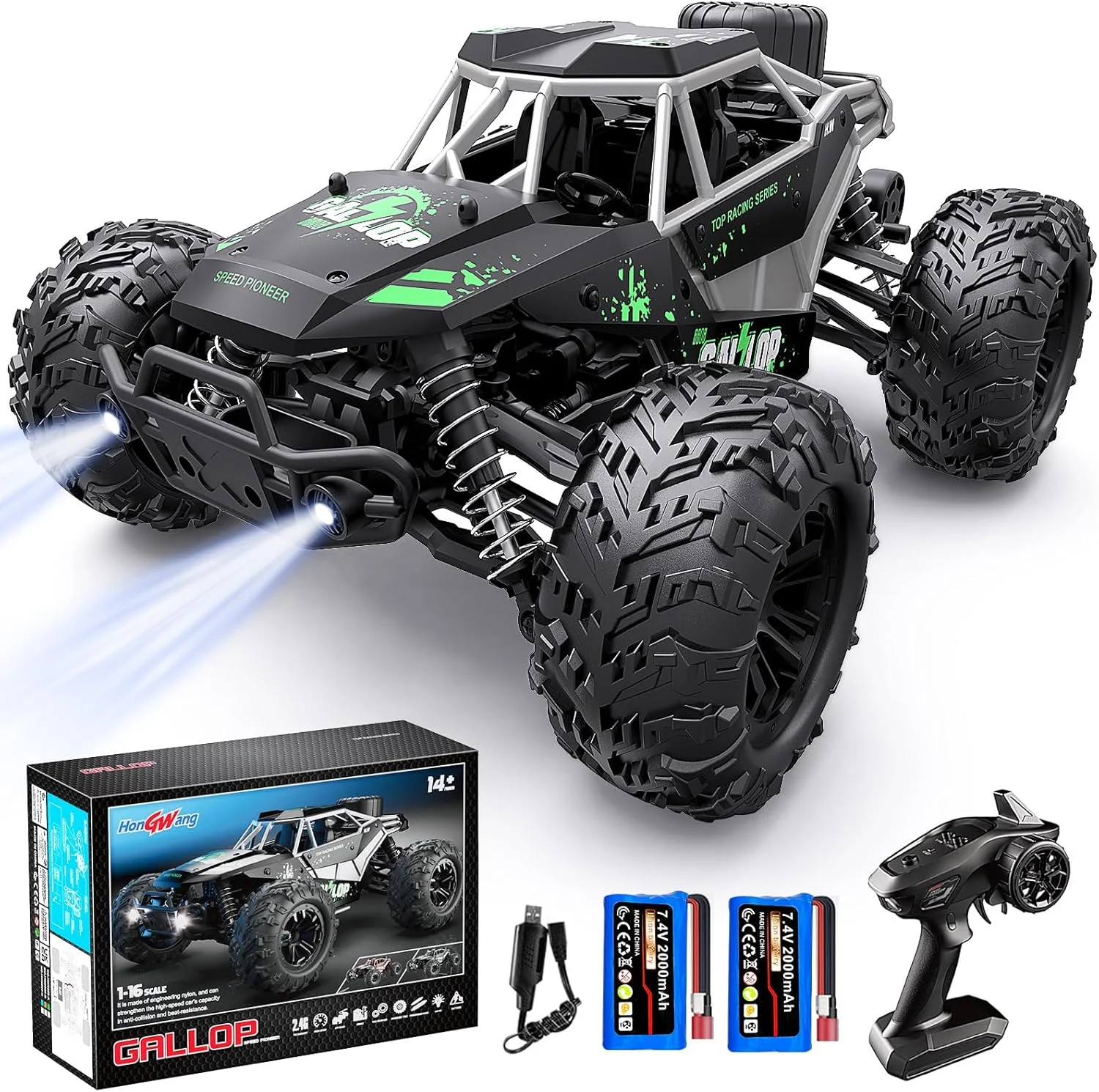 ماشین کنترلی کامیون آرسی: ماشین آرسی آفرود مقیاس 1/16 با سرعت بالا 40 کیلومتر در ساعت، مناسب تمام سطوح، ماشین دریفت 4x4 آرسی با کنترل از راه دور 2.4 گیگاهرتز، دو باتری قابل شارژ، هدیه برای کودکان و بزرگسالان (سبز)