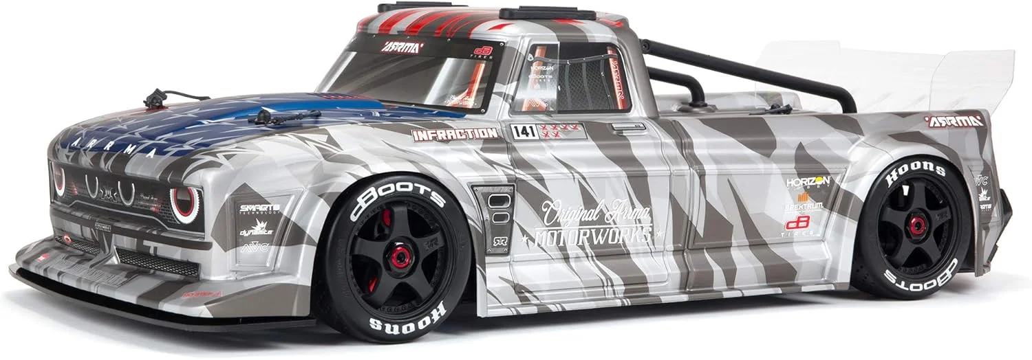 ماشین آرسی کامیون جاده‌ای ARRMA 1/7 Infraction 6S BLX V2 RTR (شامل فرستنده و گیرنده، باتری و شارژر مورد نیاز است)، نقره‌ای، ARA7615V2T2