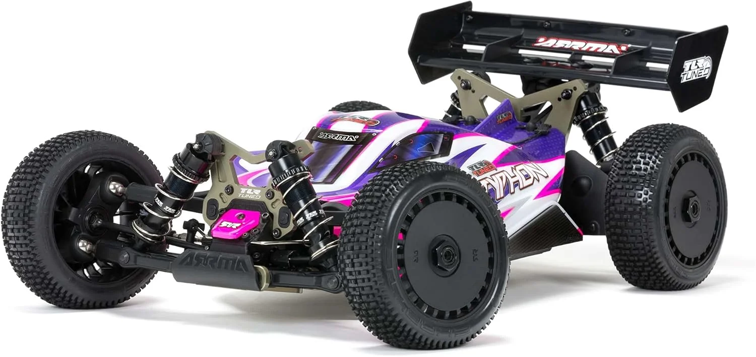 اسکوتر ARRMA ARA8306 TLR تیون شده تایفون 1/8 4WD (صورتی/بنفش)، چند رنگ. بدنه پرداخت شده مسابقه ای با قطعات TLR-Tuned، شاسی و برج های شوک آلومینیومی 7075 T6 بادوام، خروجی های دیفرانسیل و اجزای داخلی جعبه دنده تمام فلزی