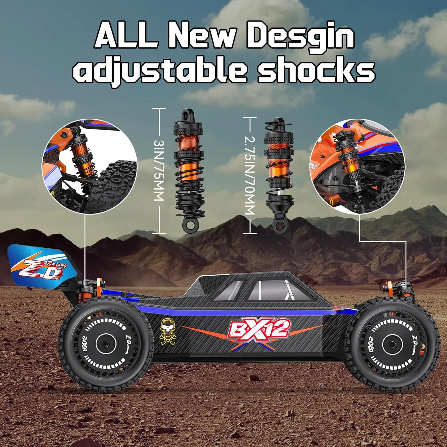 ماشین کنترلی براشلس 4WD با سرعت بالا، مقیاس 1/12، حداکثر سرعت 72 کیلومتر در ساعت، باتری 3S 2000 mAh، کمک فنرهای روغنی