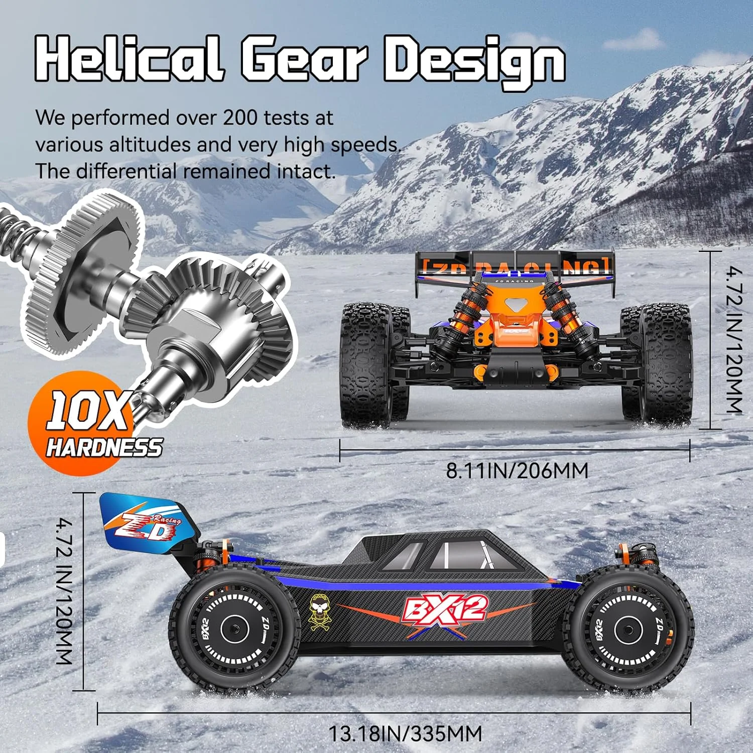 ماشین کنترلی براشلس 4WD با سرعت بالا، مقیاس 1/12، حداکثر سرعت 72 کیلومتر در ساعت، باتری 3S 2000 mAh، کمک فنرهای روغنی