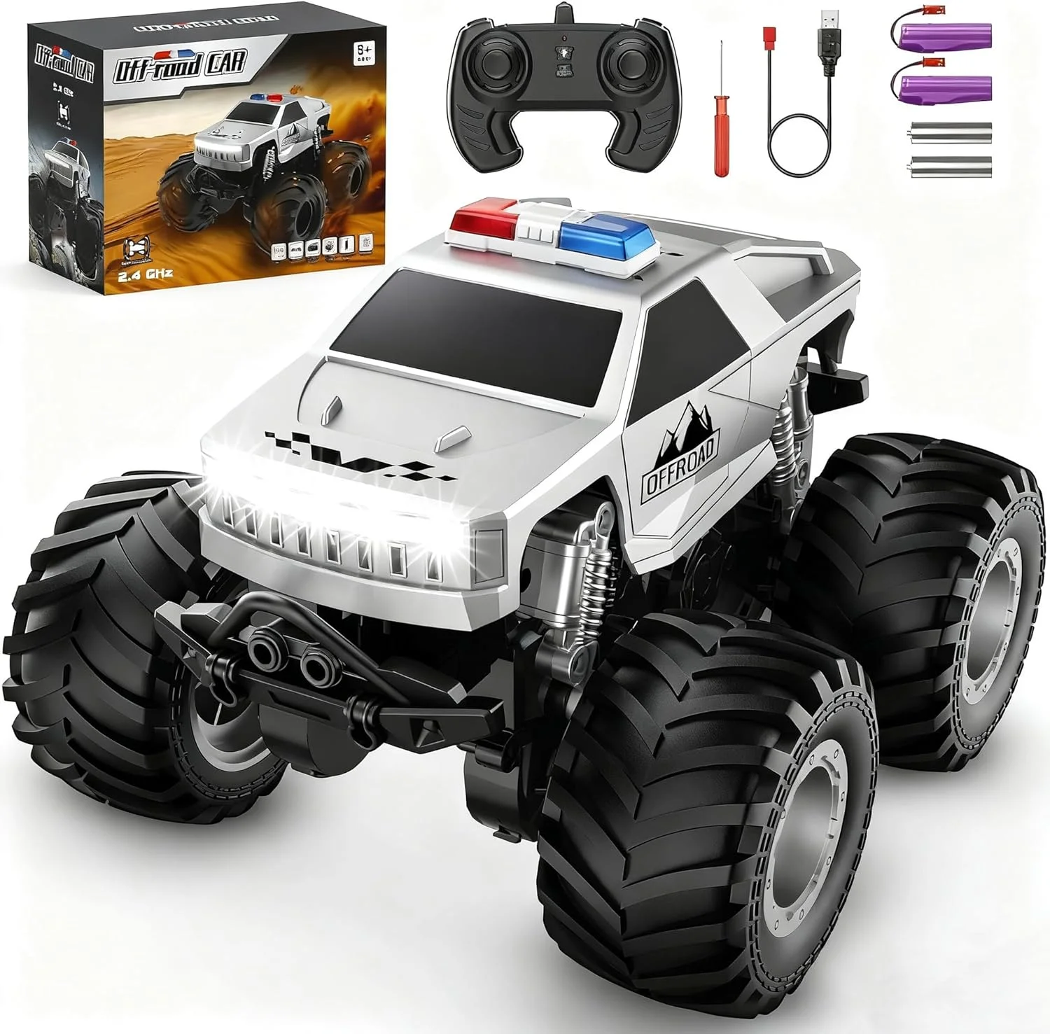 ماشین کنترلی، کامیون کنترلی راه رونده مناسب تمام سطوح، ماشین های آرسی پیکاپ آفرود 1:24 با چرخش 360 درجه، ماشین پلیس با چراغ، کامیون آرسی شارژی برای پسران 4-7 8-12