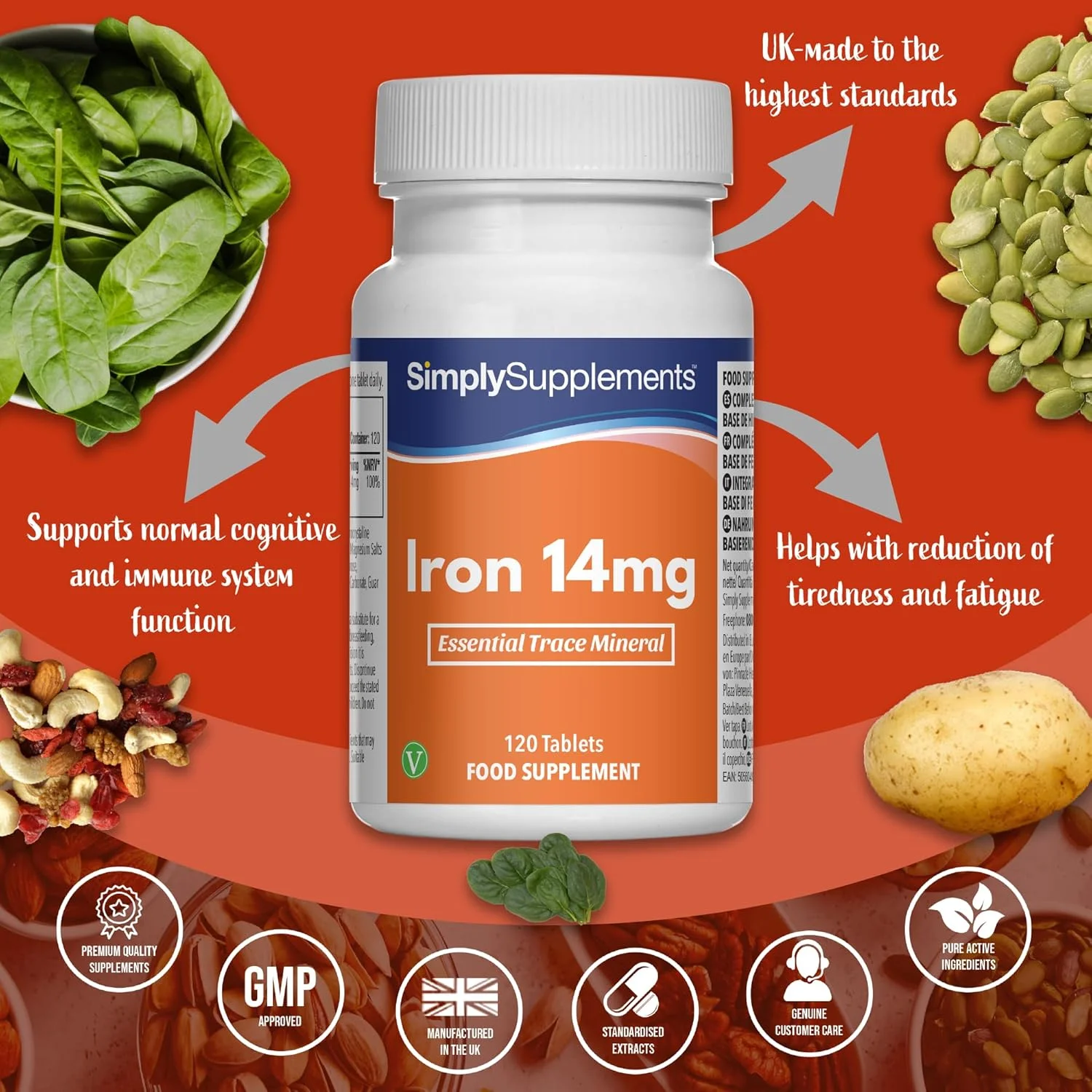 قرص آهن 14 میلی گرم | 120 قرص = تامین 4 ماهه | مناسب برای گیاهخواران | 100% مقدار مرجع مواد مغذی | مکمل محبوب برای کاهش خستگی | تولید شده در انگلستان