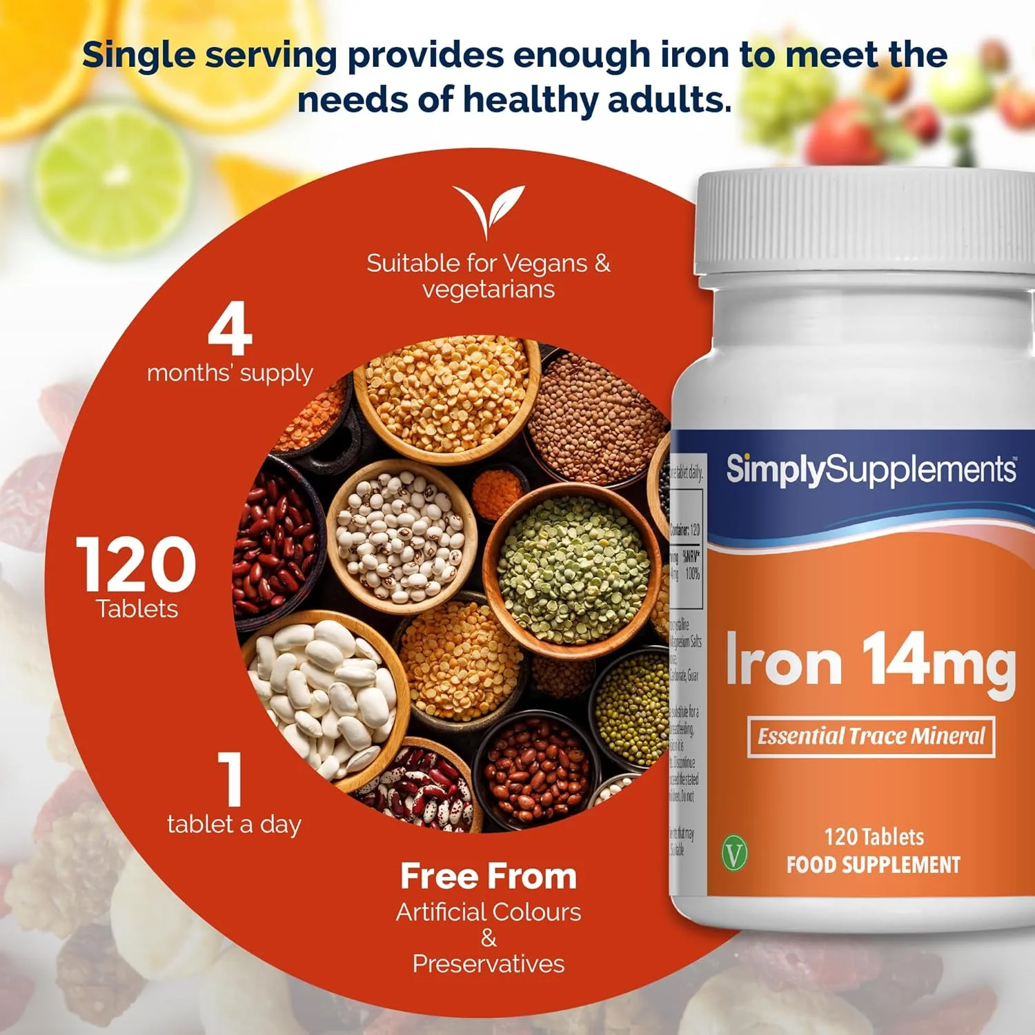 قرص آهن 14 میلی گرم | 120 قرص = تامین 4 ماهه | مناسب برای گیاهخواران | 100% مقدار مرجع مواد مغذی | مکمل محبوب برای کاهش خستگی | تولید شده در انگلستان