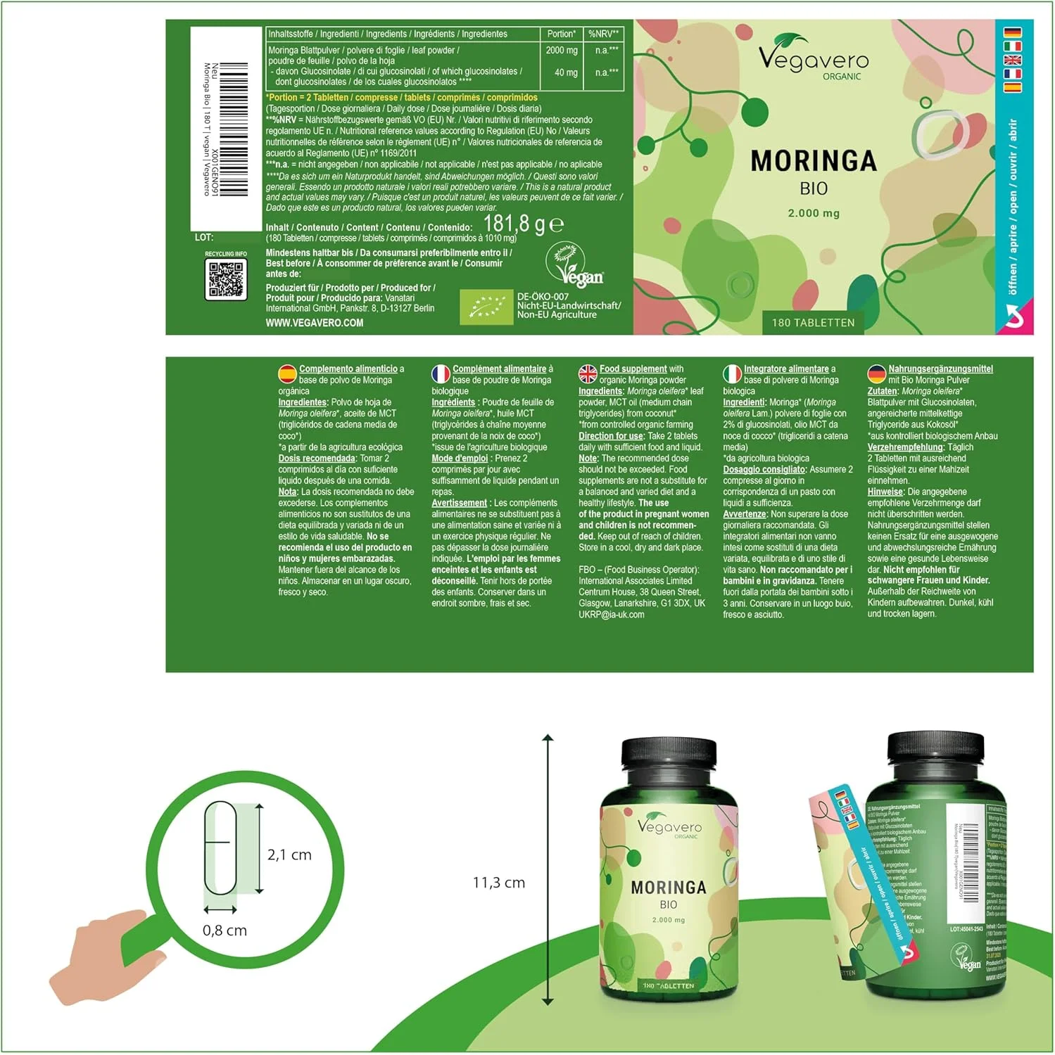 قرص مورینگا اولیفرا ارگانیک وگاورو 2000 میلی گرم | پودر خالص - کیفیت عالی | آزمایش شده در آزمایشگاه و غیر GMO | مکمل مالونگای | 180 قرص | وگان