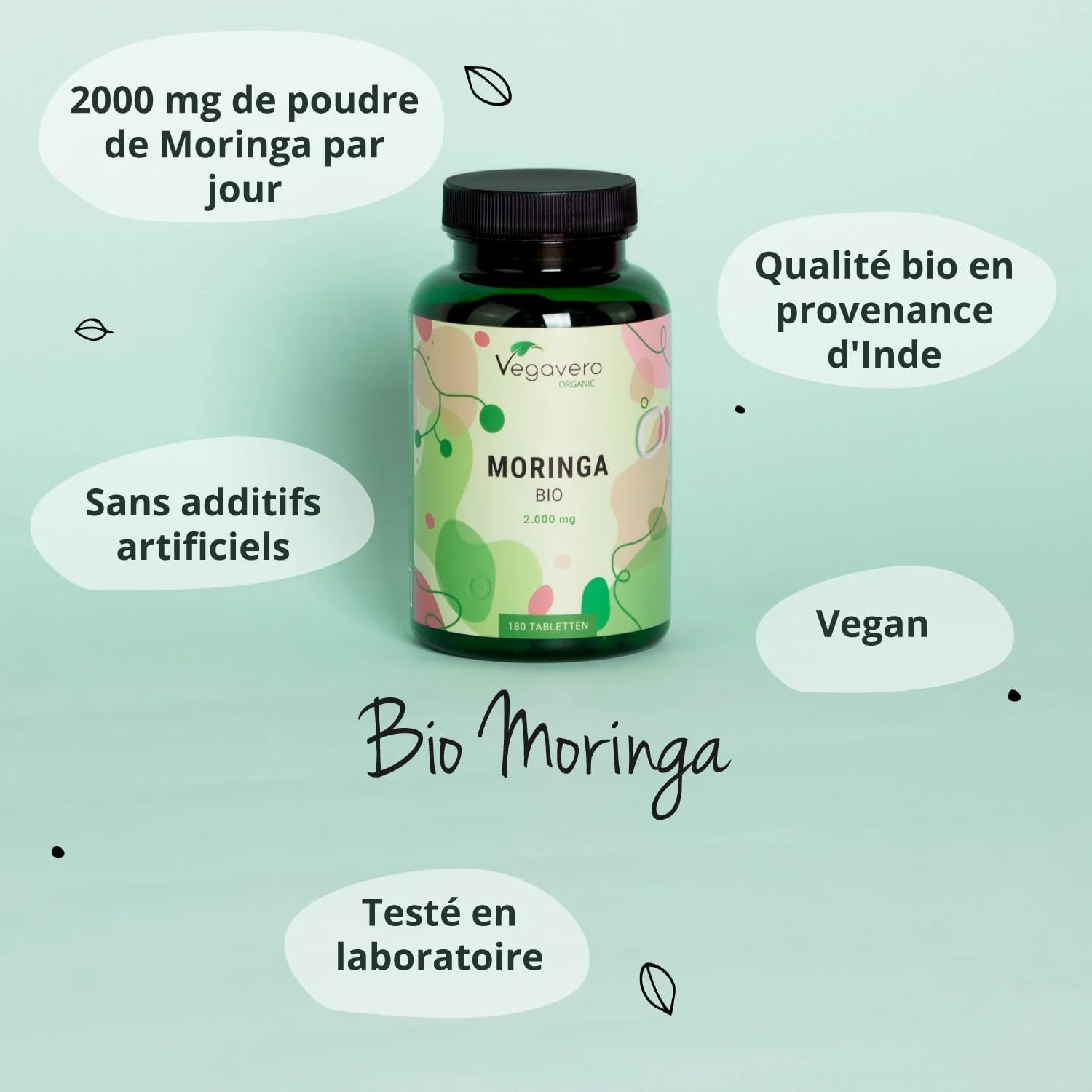 قرص مورینگا اولیفرا ارگانیک وگاورو 2000 میلی گرم | پودر خالص - کیفیت عالی | آزمایش شده در آزمایشگاه و غیر GMO | مکمل مالونگای | 180 قرص | وگان