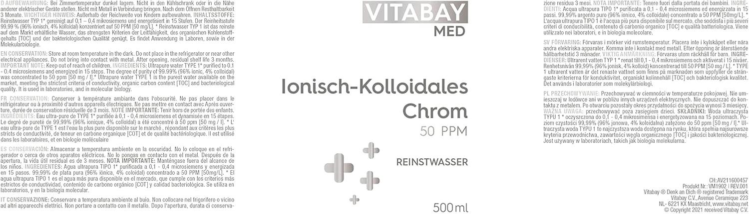 کروم کلوئیدی ویتابی ۵۰ PPM • ۵۰۰ میلی لیتر • دوز بالا • سطح خلوص ۹۹.۹۹٪ • بدون افزودنی های دیگر • بسته بندی شده در بطری شیشه ای قهوه ای • ساخت آلمان