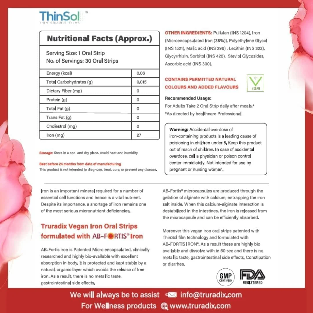 نوارهای آهن گیاهی خوراکی TruRadix - 10 عدد نوار نعنایی حل شونده خوراکی - فراهمی زیستی بالا - جذب سریع