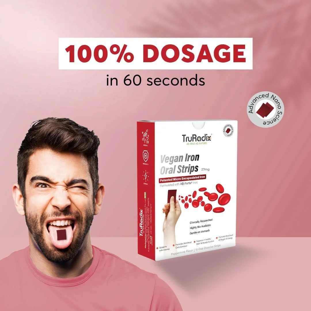 نوارهای آهن گیاهی خوراکی TruRadix - 10 عدد نوار نعنایی حل شونده خوراکی - فراهمی زیستی بالا - جذب سریع