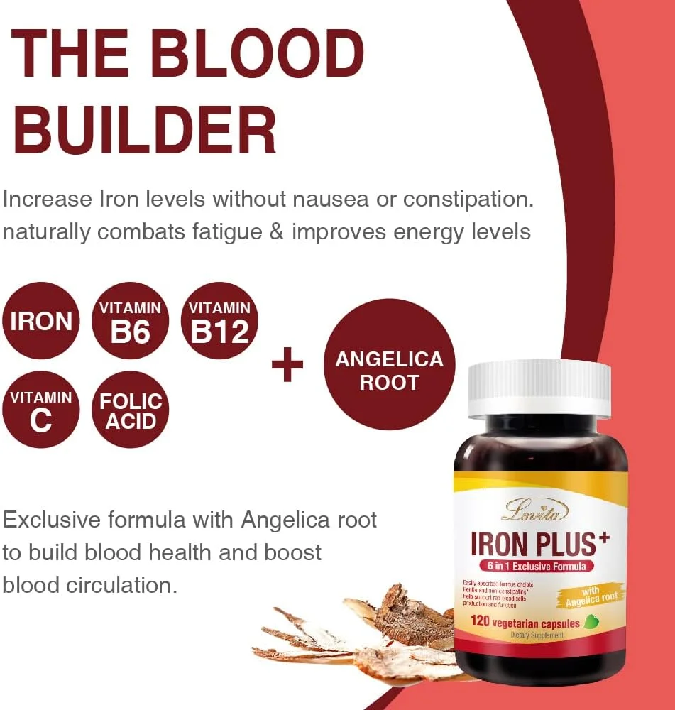 لوویتا آهن ۱۸ میلی گرم، مکمل آهن ۶ در ۱ برای بانوان، ویتامین C، دونگ کوای و B12، ویتامین گیاهی برای حمایت از تولید گلبول های قرمز بدون یبوست، ۱۲۰ کپسول لوویتا آهن ۱۸ میلی گرم، مکمل آهن ۶ در ۱ برای بانوان، ویتامین C، دونگ کوای و B12، ویتامین گیاهی برای حمایت از تولید گلبول های قرمز بدون یبوست، ۱۲۰ کپسول