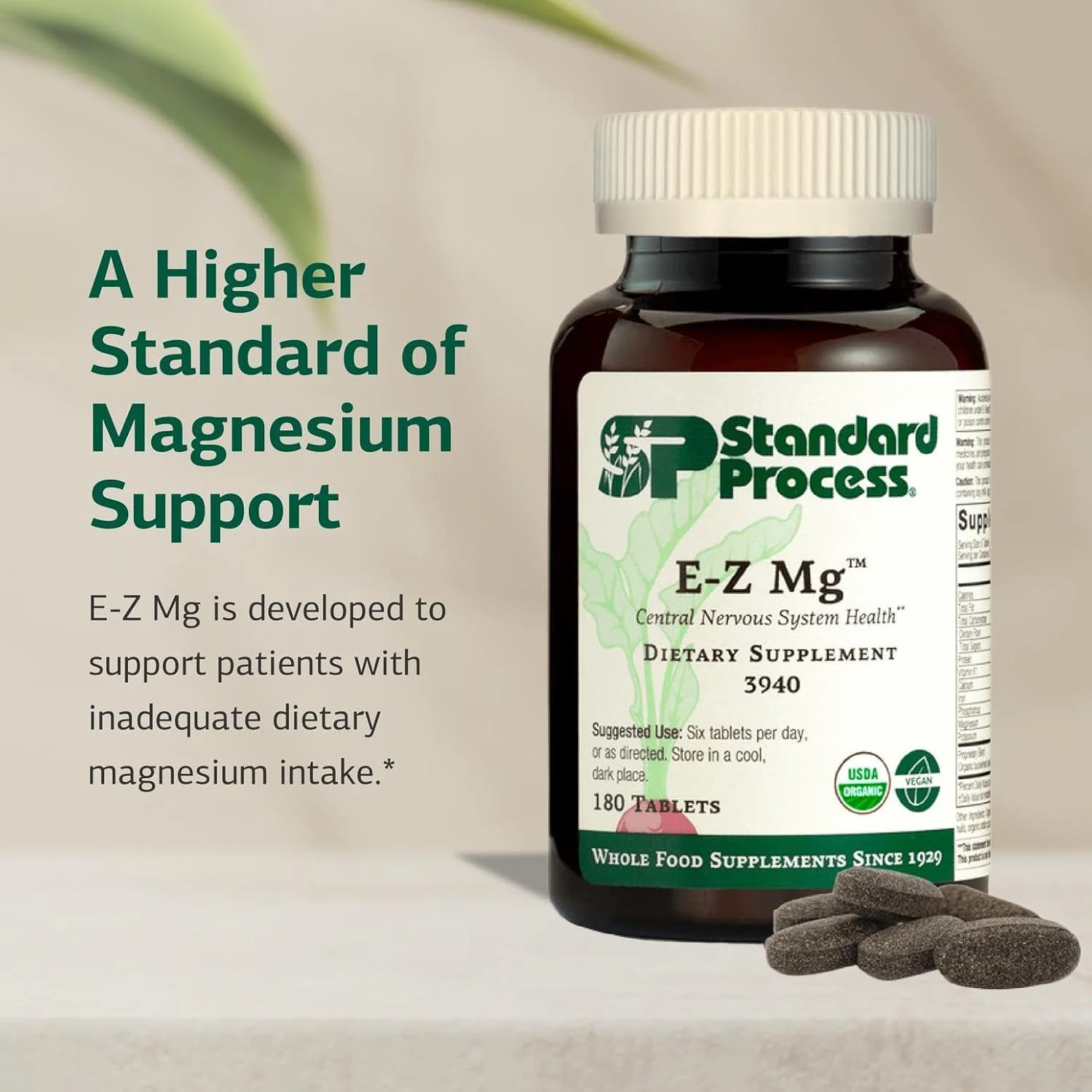 استاندارد پروسس - ای-زی منیزیم - گیاهی، چند شکلی، ارگانیک، پشتیبانی از بیماران با دریافت ناکافی منیزیم از رژیم غذایی - 180 قرص
