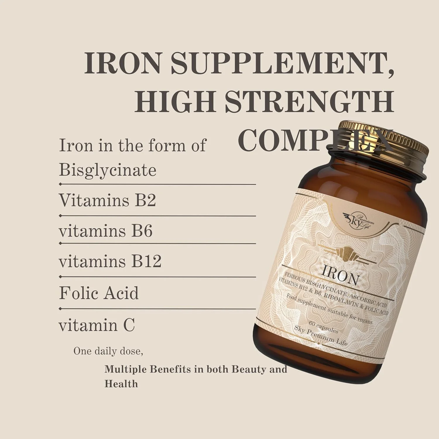 مکمل غذایی آهن Sky Premium Life – 60 کپسول مکمل ویتامین حاوی آهن، ویتامین B12، B6، اسید فولیک، ویتامین C – فرمول گیاهی ممتاز غیر تراریخته – پشتیبانی از تولید گلبول های قرمز خون مکمل غذایی آهن Sky Premium Life – 60 کپسول مکمل ویتامین حاوی آهن، ویتامین B12، B6، اسید فولیک، ویتامین C – فرمول گیاهی ممتاز غیر تراریخته – پشتیبانی از تولید گلبول های قرمز خون