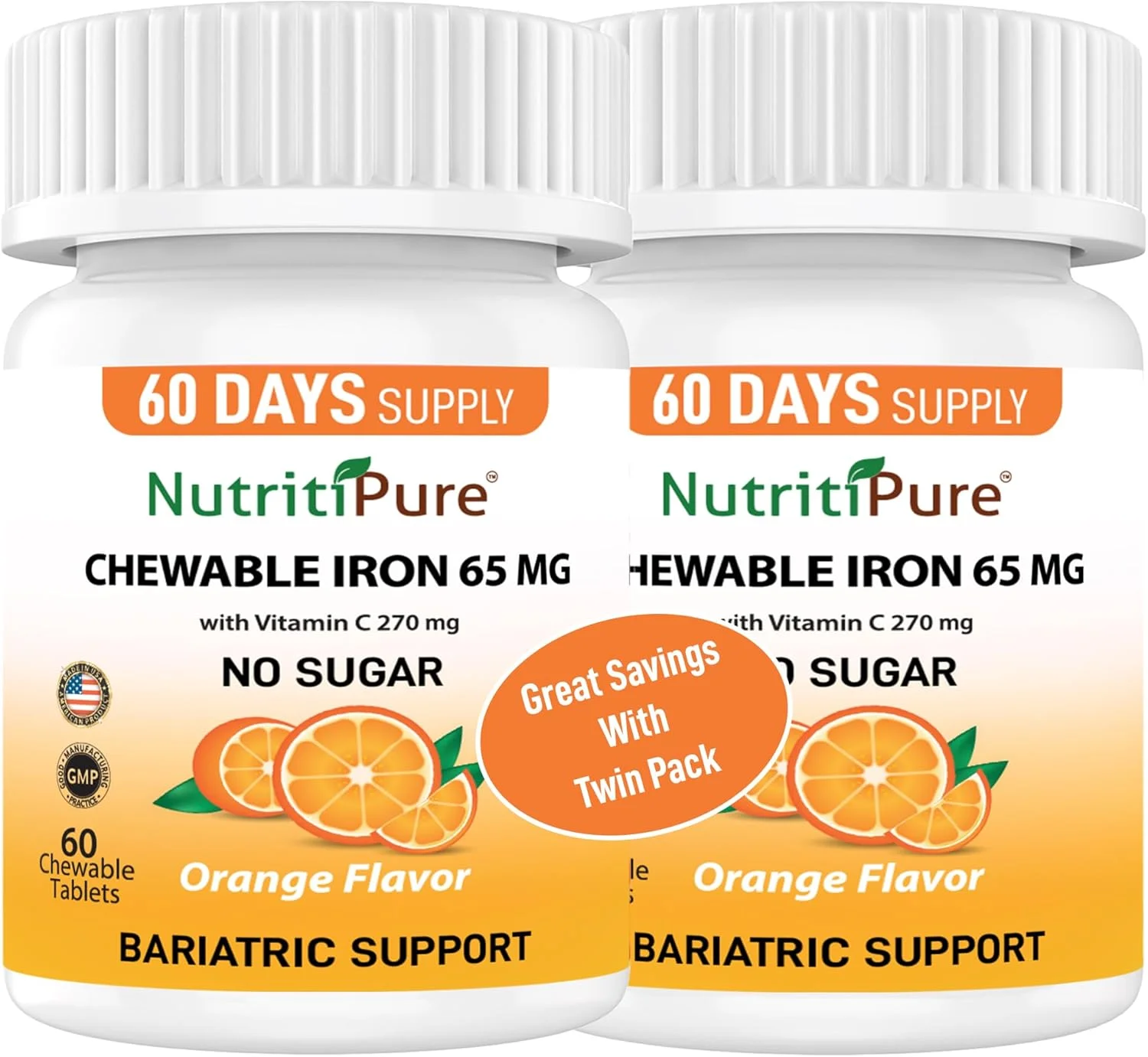 آهن جویدنی 65 میلی گرم با ویتامین C 270 میلی گرم - قرص با طعم پرتقال 60 عددی x 2 بطری (بسته دوقلو)