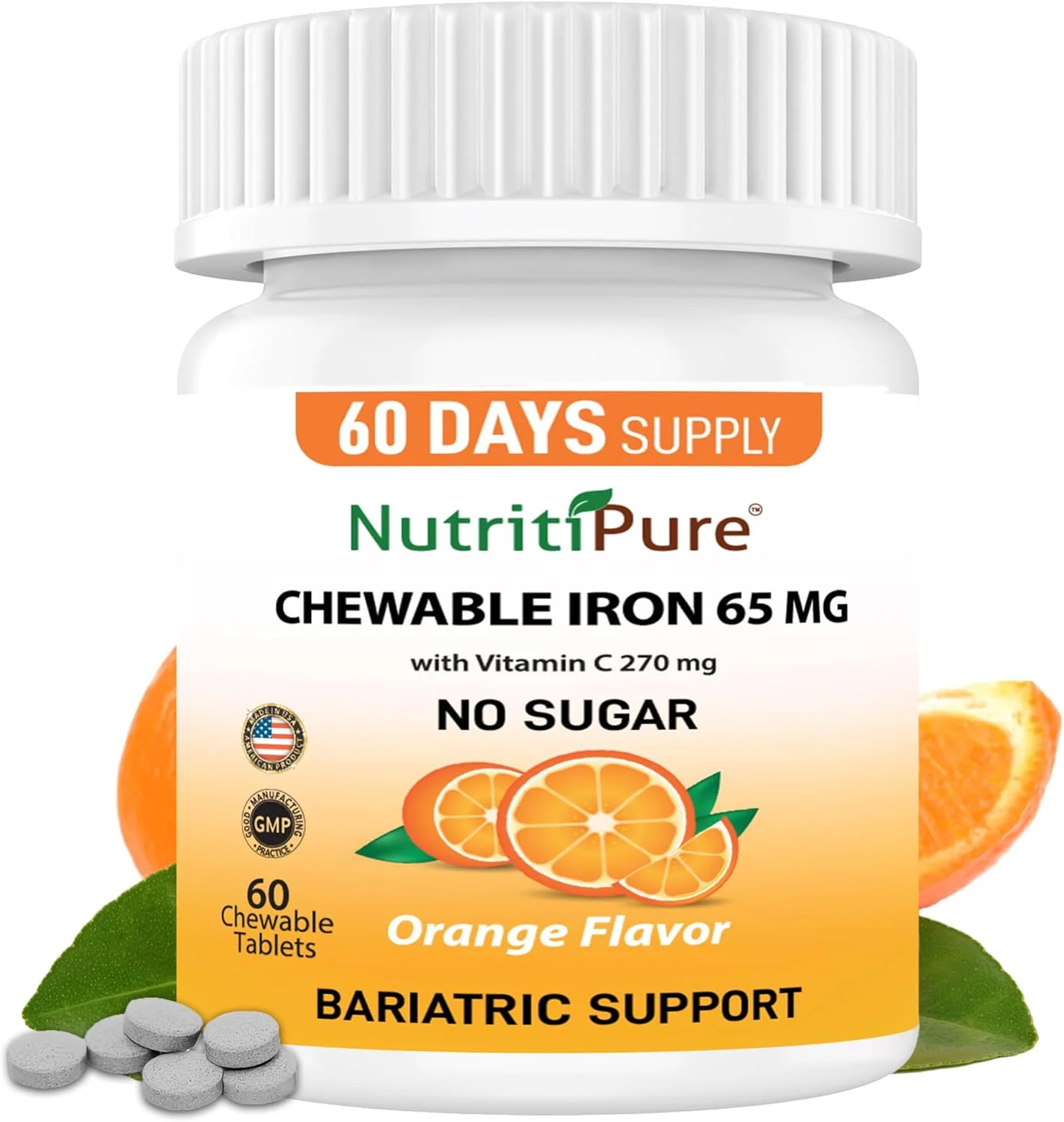 قرص آهن جویدنی 65 میلی گرم با ویتامین C 270 میلی گرم - با طعم پرتقال، 60 عدد