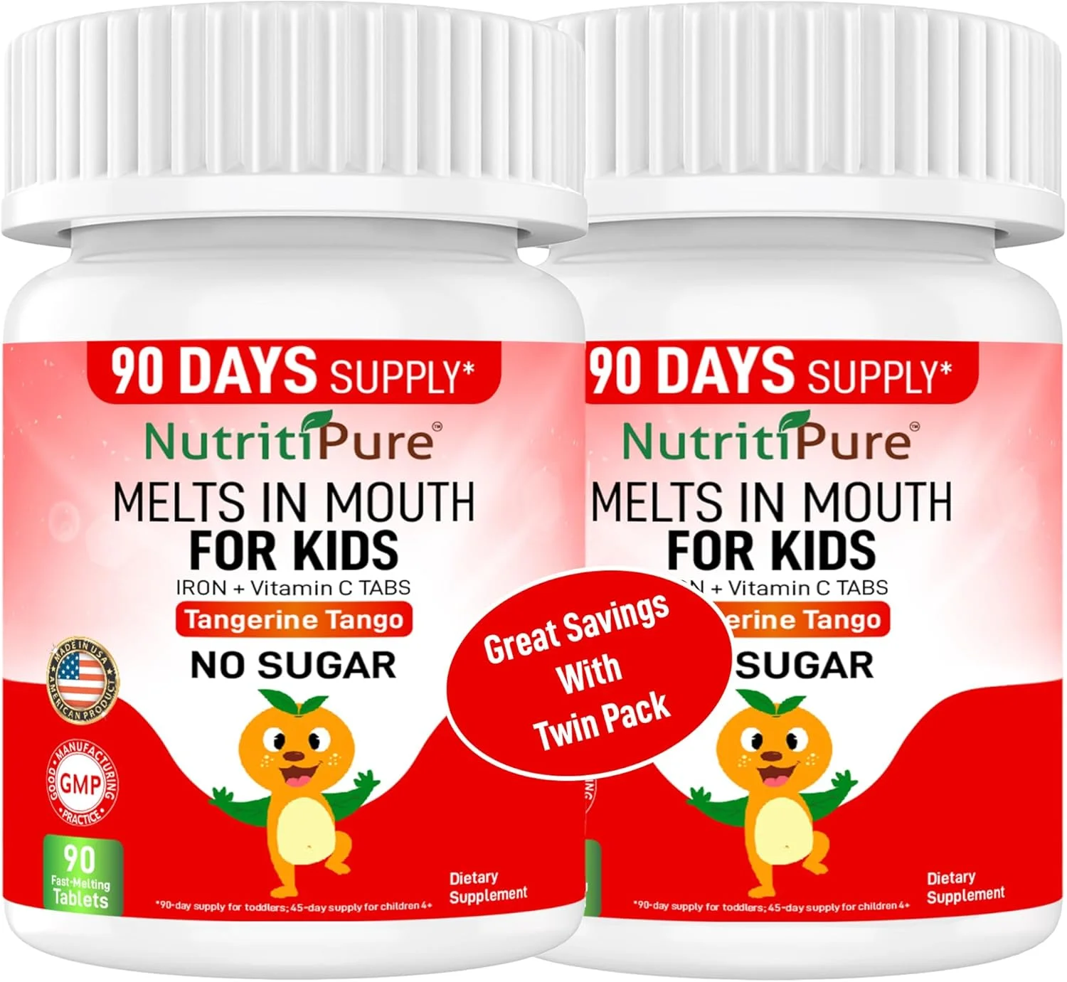 مکمل آهن جویدنی کودکان (آهن کربونیل 9 میلی گرم با ویتامین C 30 میلی گرم) با طعم پرتقال ماندارین، 90 عدد (2 بطری)