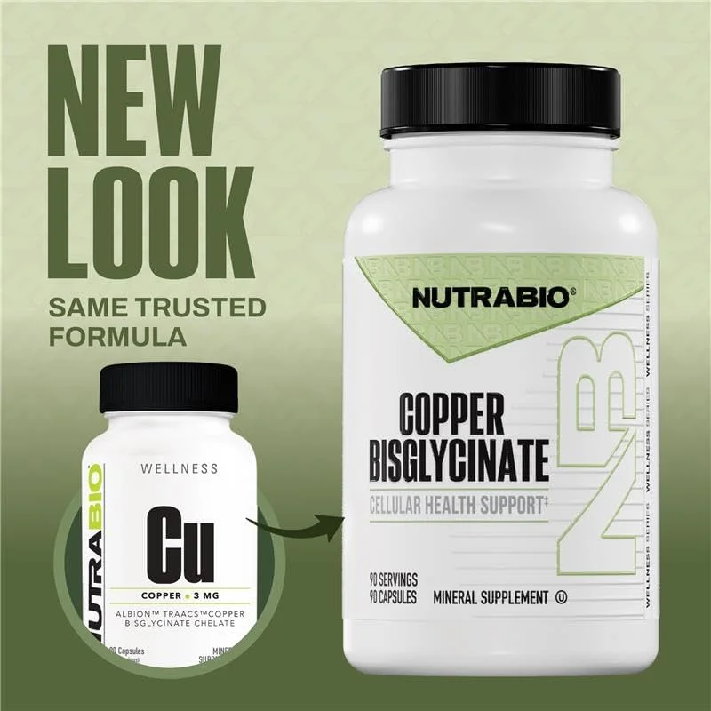 مکمل مس بیس گلیسینات کلاته NutraBio (3 میلی گرم)، پشتیبانی از سیستم ایمنی - مکمل مس - 90 کپسول مکمل مس بیس گلیسینات کلاته NutraBio (3 میلی گرم)، پشتیبانی از سیستم ایمنی - مکمل مس - 90 کپسول