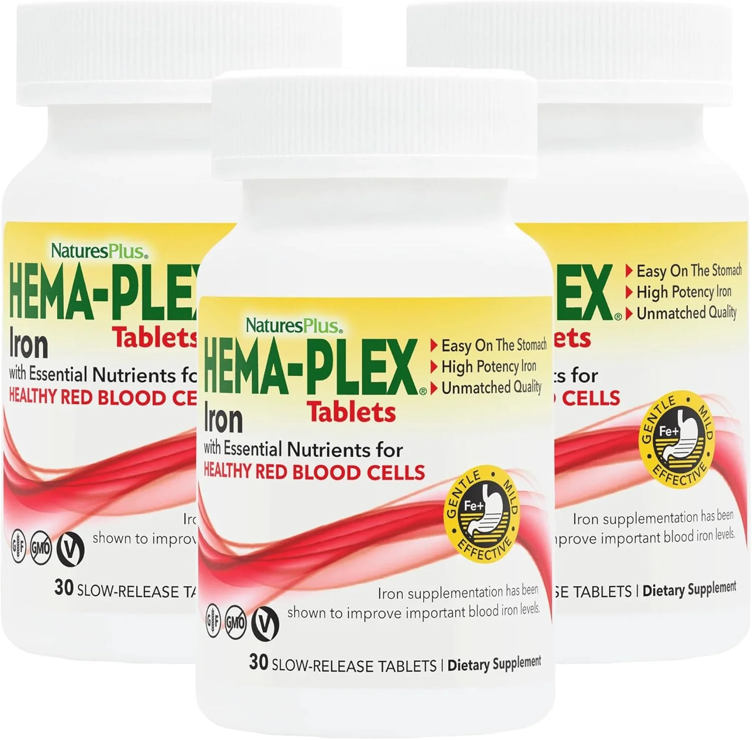 نِیچرز پلاس هما-پلکس آهن - 30 قرص رهش پایدار، بسته 3 عددی - 85 میلی گرم آهن المنتال - سلامت کامل خون - با ویتامین C و بیوفلاونوئیدها - وگان، بدون گلوتن - 90 سروینگ در مجموع