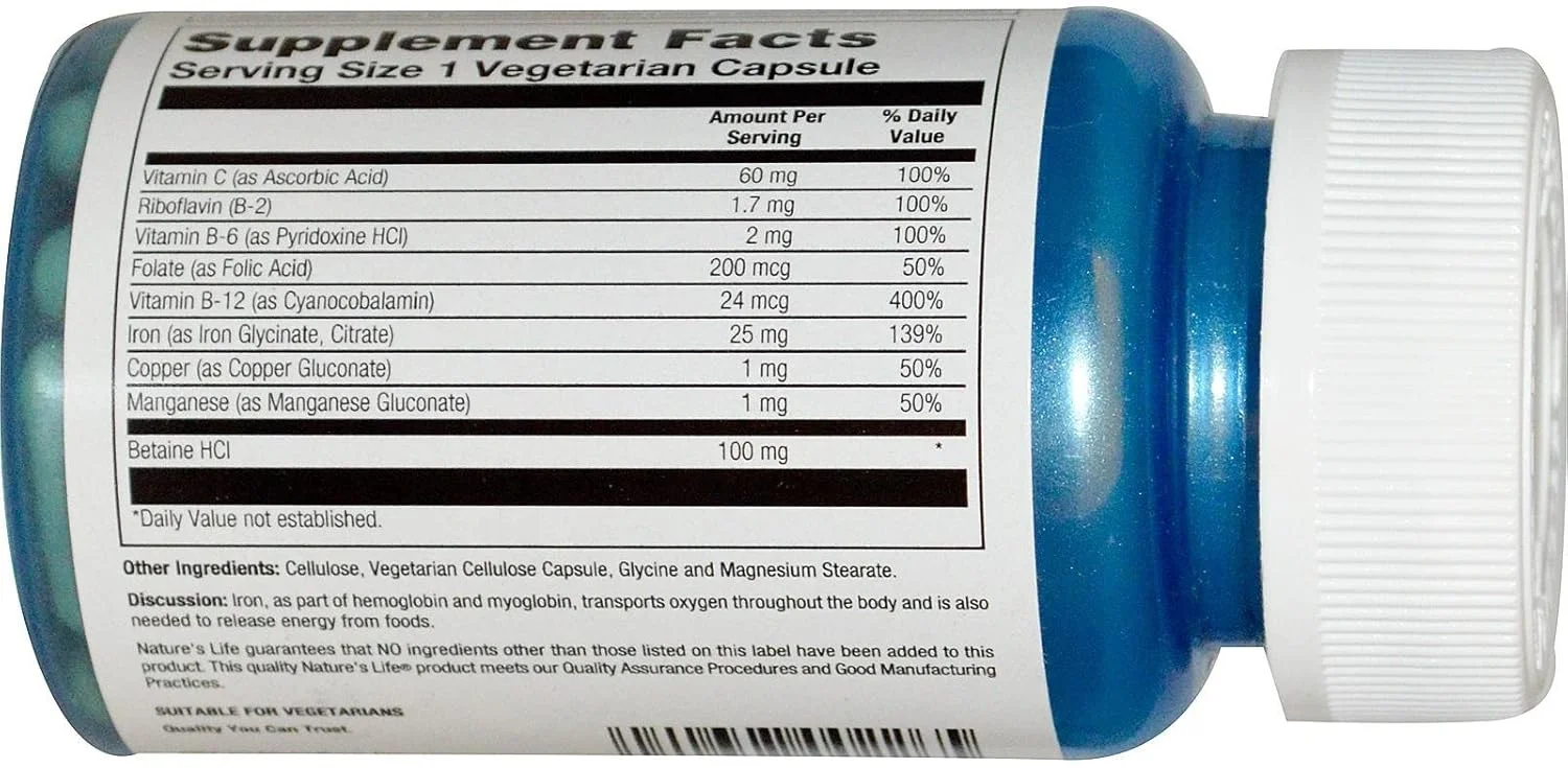 Nature's Life، کمپلکس آهن، 25 میلی گرم، 50 کپسول گیاهی Nature's Life، کمپلکس آهن، 25 میلی گرم، 50 کپسول گیاهی