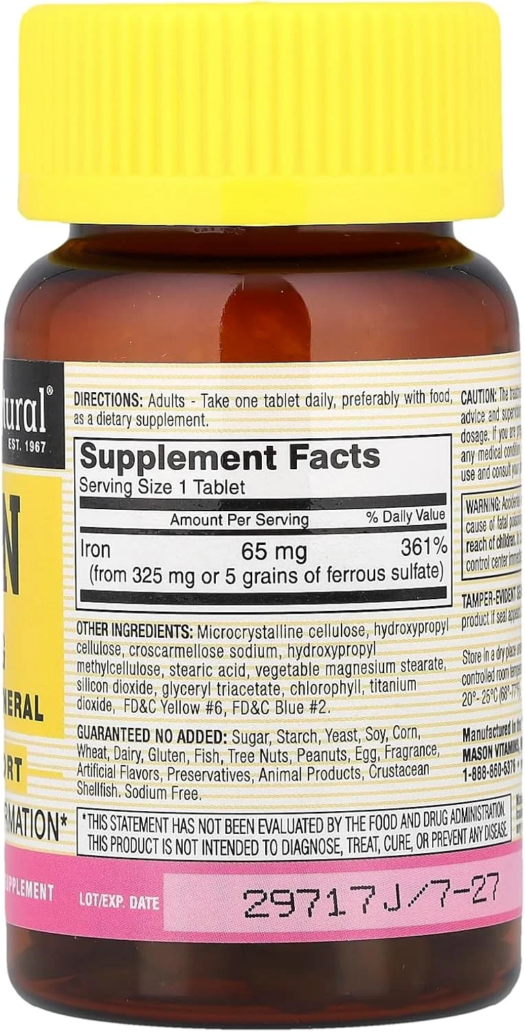 آهن میسون نچرال، بدون شکر، 65 میلی گرم، 100 قرص آهن میسون نچرال، بدون شکر، 65 میلی گرم، 100 قرص