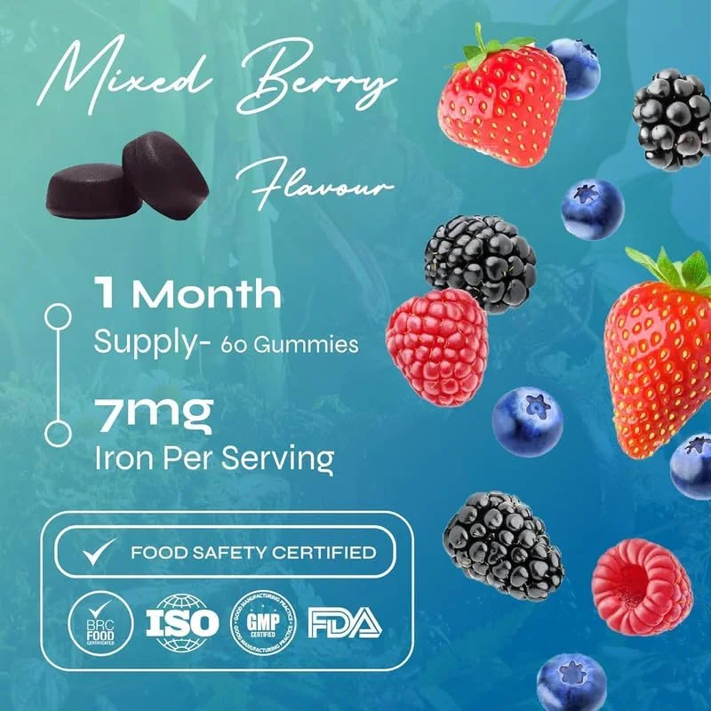 پاستیل های خوشمزه آهن - 7 میلی گرم آهن برای انرژی و پشتیبانی از سیستم ایمنی - طعم توت مخلوط طبیعی - 60 پاستیل گیاهی، تامین یک ماهه