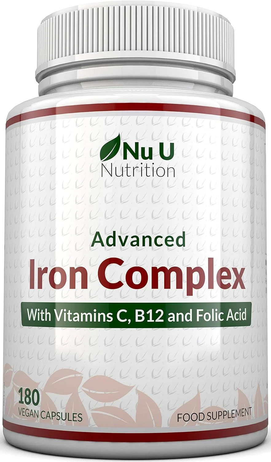 مکمل آهن برای زنان و مردان - 180 کپسول گیاهی با قدرت بالا - حاوی ویتامین C، B12 و اسید فولیک - تامین 6 ماهه - از فومارات آهن - ساخت انگلستان - Nu U Nutrition