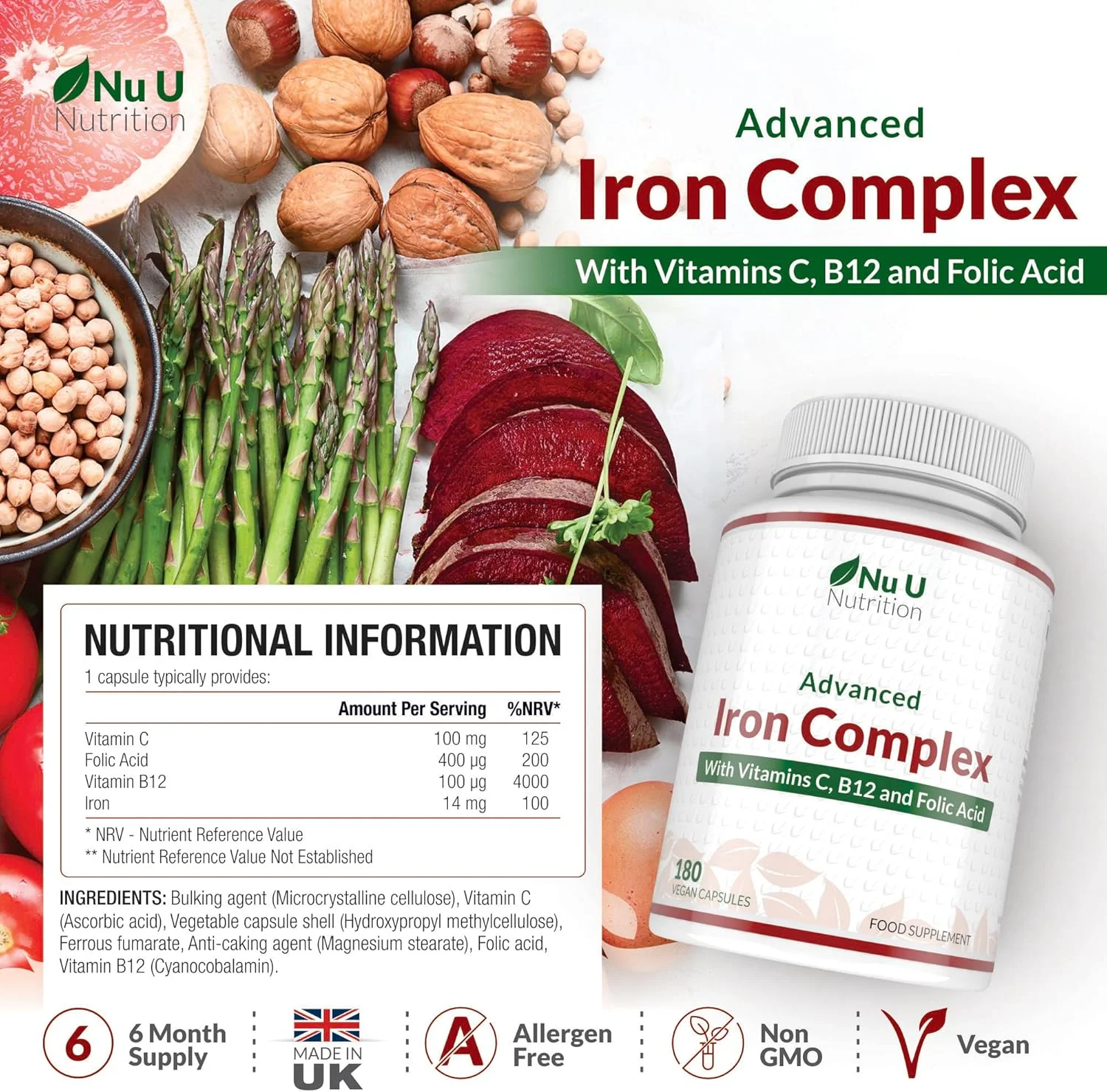 مکمل آهن برای زنان و مردان - 180 کپسول گیاهی با قدرت بالا - حاوی ویتامین C، B12 و اسید فولیک - تامین 6 ماهه - از فومارات آهن - ساخت انگلستان - Nu U Nutrition مکمل آهن برای زنان و مردان - 180 کپسول گیاهی با قدرت بالا - حاوی ویتامین C، B12 و اسید فولیک - تامین 6 ماهه - از فومارات آهن - ساخت انگلستان - Nu U Nutrition
