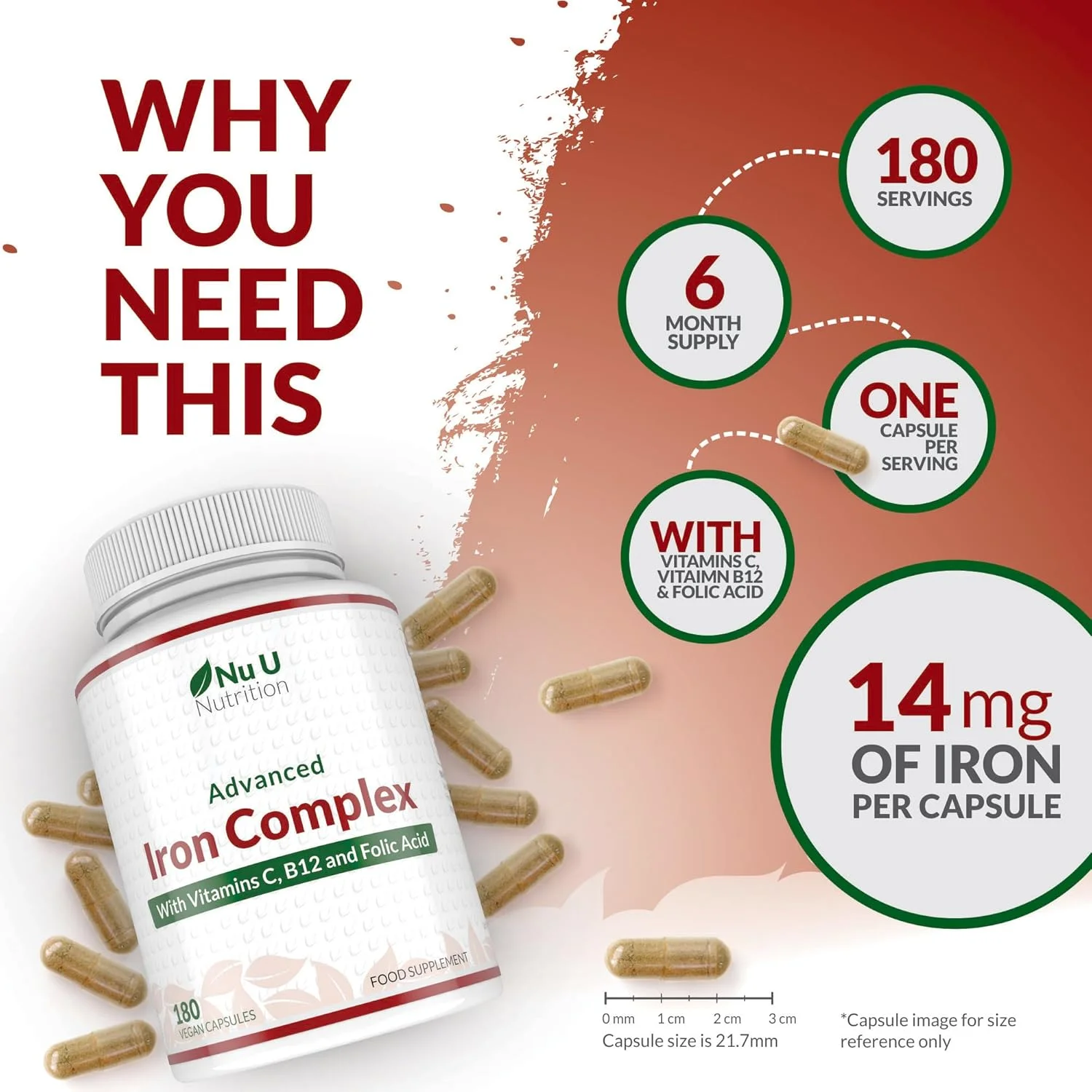 مکمل آهن برای زنان و مردان - 180 کپسول گیاهی با قدرت بالا - حاوی ویتامین C، B12 و اسید فولیک - تامین 6 ماهه - از فومارات آهن - ساخت انگلستان - Nu U Nutrition مکمل آهن برای زنان و مردان - 180 کپسول گیاهی با قدرت بالا - حاوی ویتامین C، B12 و اسید فولیک - تامین 6 ماهه - از فومارات آهن - ساخت انگلستان - Nu U Nutrition