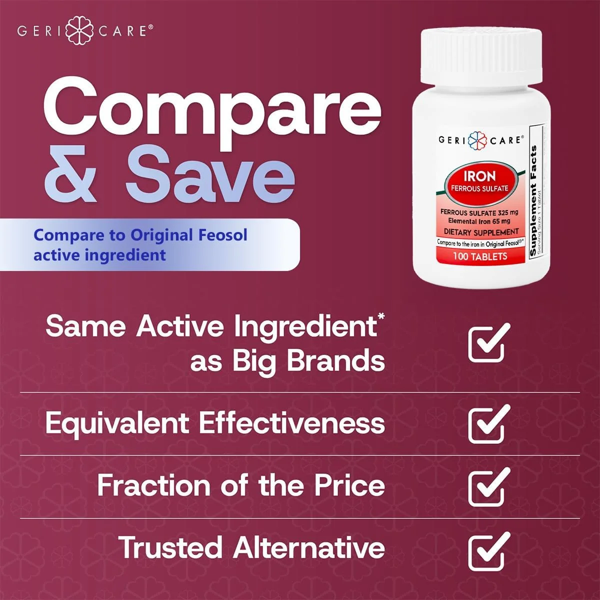 قرص های سولفات آهن GeriCare 325 میلی گرم، مکمل آهن با قدرت بالا 65 میلی گرم آهن المنتال | مکمل غذایی 100 عددی. (بسته 1 عددی) قرص های سولفات آهن GeriCare 325 میلی گرم، مکمل آهن با قدرت بالا 65 میلی گرم آهن المنتال | مکمل غذایی 100 عددی. (بسته 1 عددی)