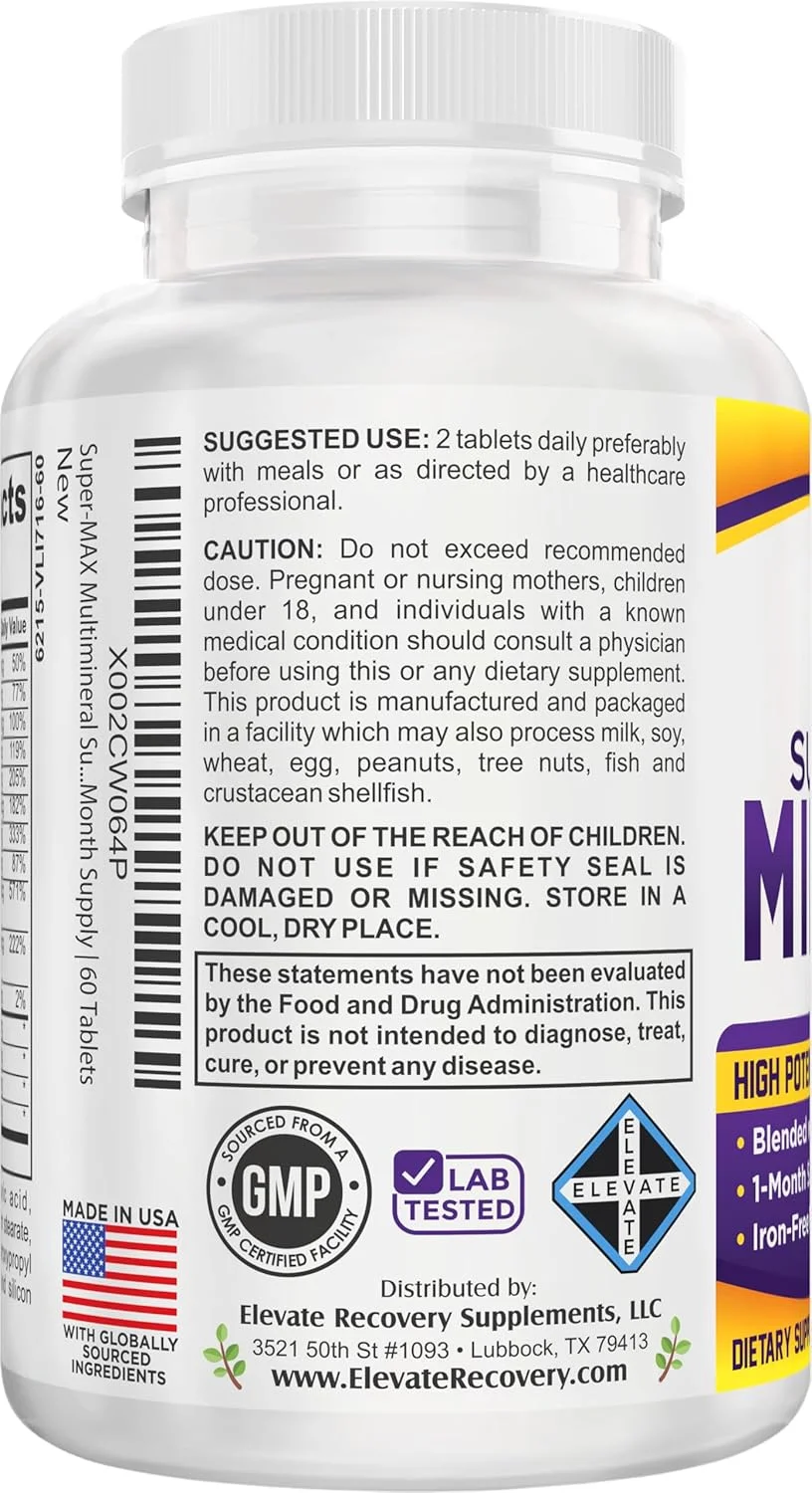 مکمل مواد معدنی سوپرمکس (همه در یک) Elevate Recovery Supplements، بدون آهن، حاوی ۷۲ ماده معدنی کمیاب / فرمول چند ماده معدنی / مواد معدنی طبیعی - ۶۰ قرص مکمل مواد معدنی سوپرمکس (همه در یک) Elevate Recovery Supplements، بدون آهن، حاوی ۷۲ ماده معدنی کمیاب / فرمول چند ماده معدنی / مواد معدنی طبیعی - ۶۰ قرص