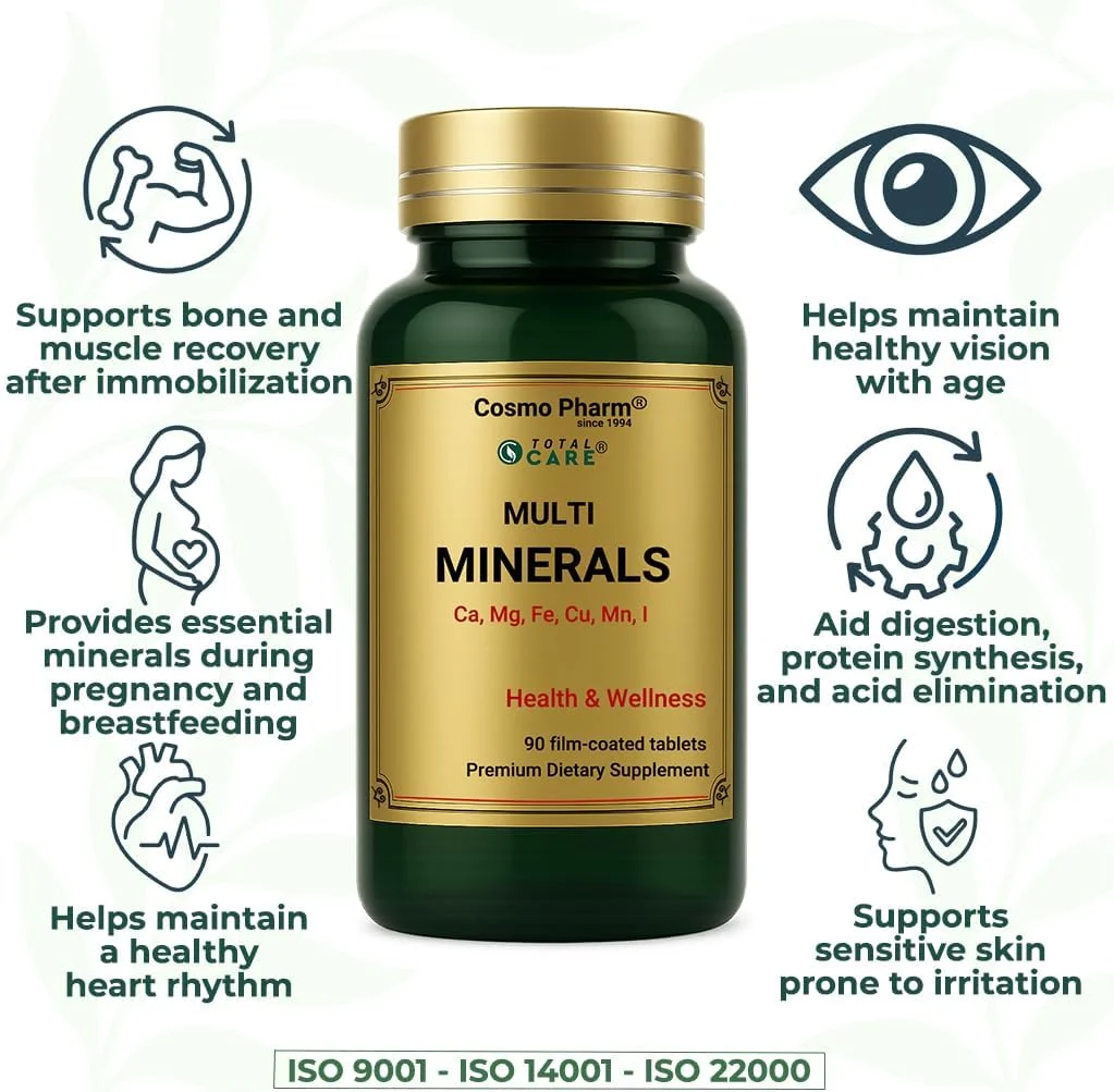 مولتی مینرال ها - 9 ماده معدنی با کلسیم، منیزیم، فسفر، پتاسیم، روی، آهن، مس، منگنز و ید - 90 قرص روکش دار - وگان و گیاهخواری - 1 قرص در روز