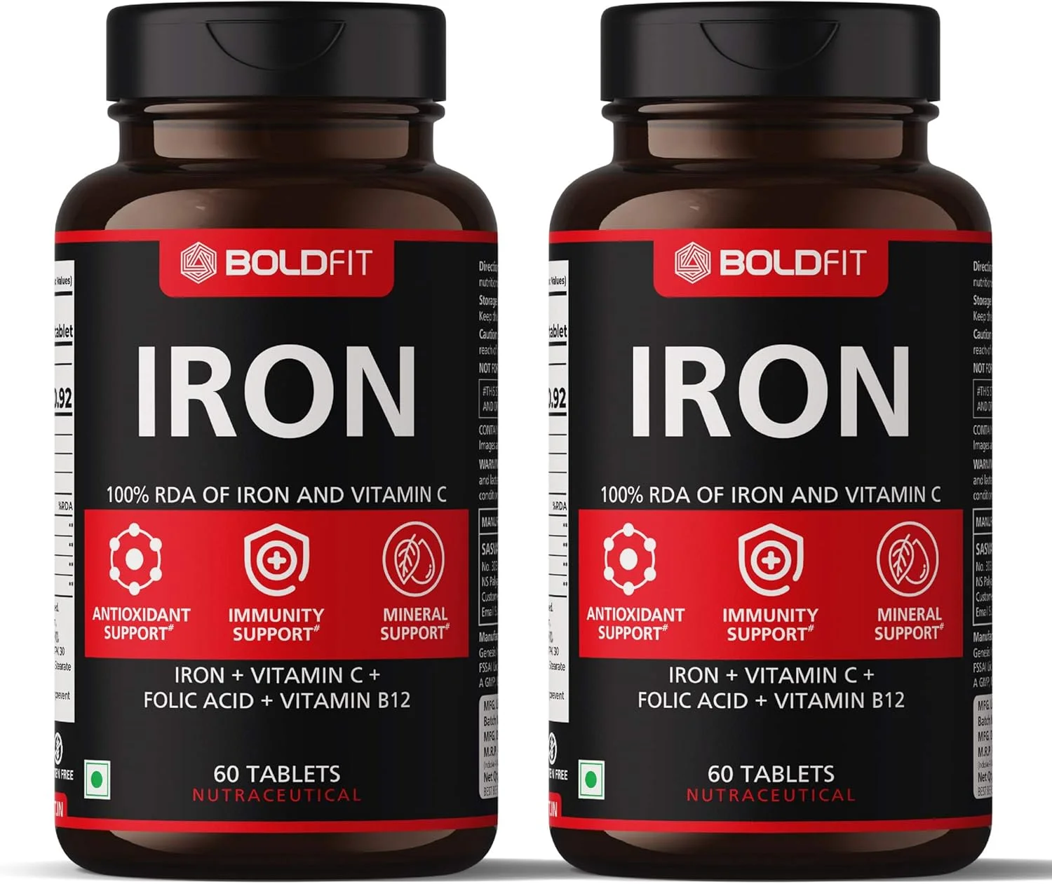 مکمل آهن Boldfit برای زنان و مردان با ویتامین C، اسید فولیک و ویتامین B12 - قرص های آهن به حمایت از خون سازی کمک می کنند - 60 قرص گیاهی (120)