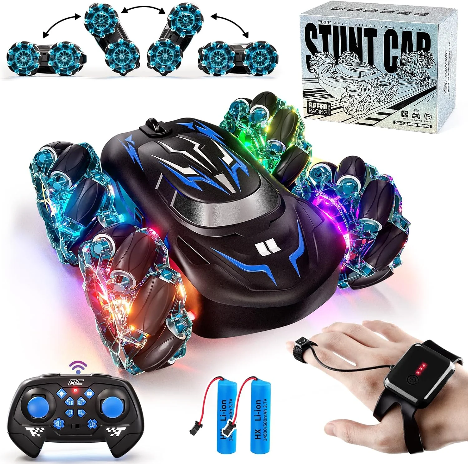 ماشین کنترلی آکروباتیک 2.4 گیگاهرتز، ماشین های کنترلی دو طرفه 4WD با حسگر حرکتی، ماشین کنترلی با قابلیت چرخش 360 درجه همراه با نور و موسیقی، هدیه تولد برای پسران و کودکان 6-12 سال (آبی)