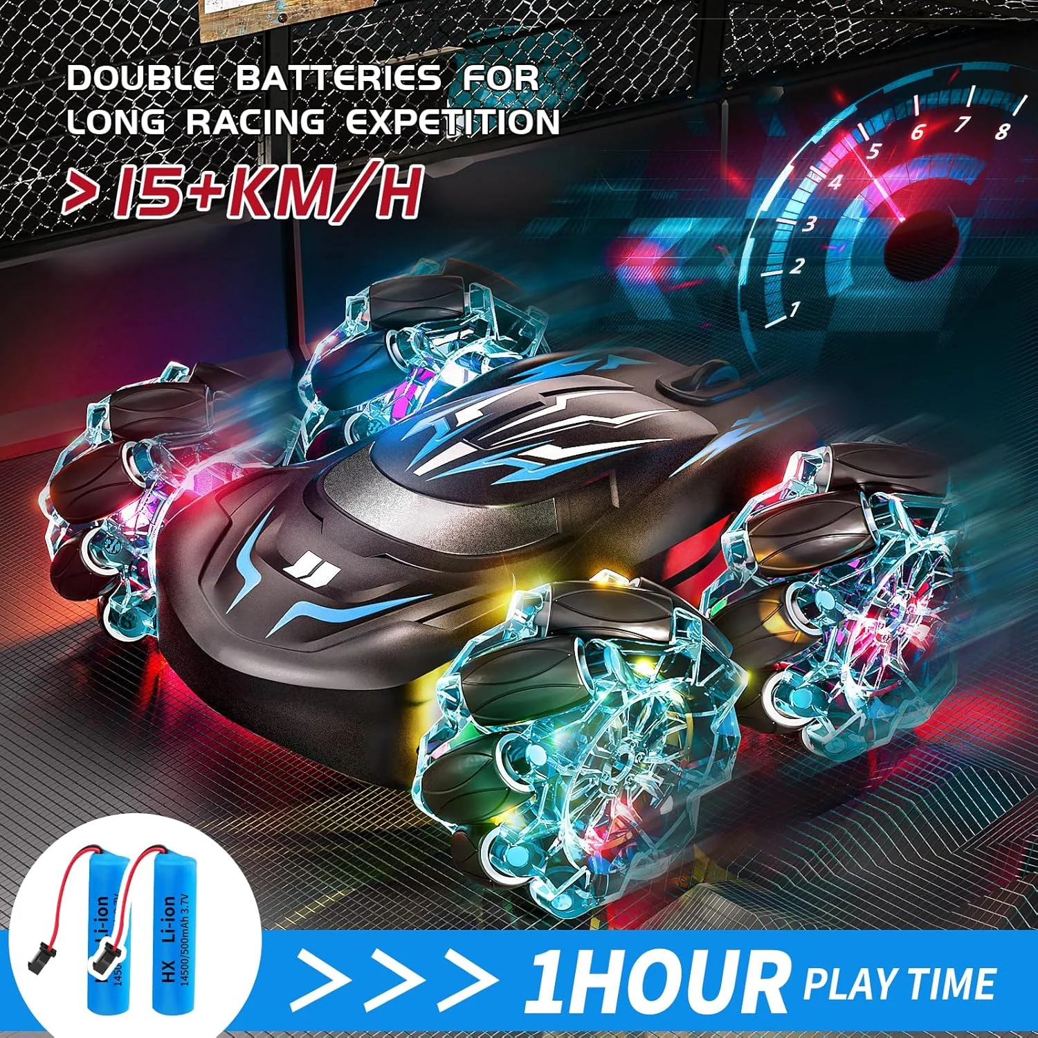 ماشین کنترلی آکروباتیک 2.4 گیگاهرتز، ماشین های کنترلی دو طرفه 4WD با حسگر حرکتی، ماشین کنترلی با قابلیت چرخش 360 درجه همراه با نور و موسیقی، هدیه تولد برای پسران و کودکان 6-12 سال (آبی)