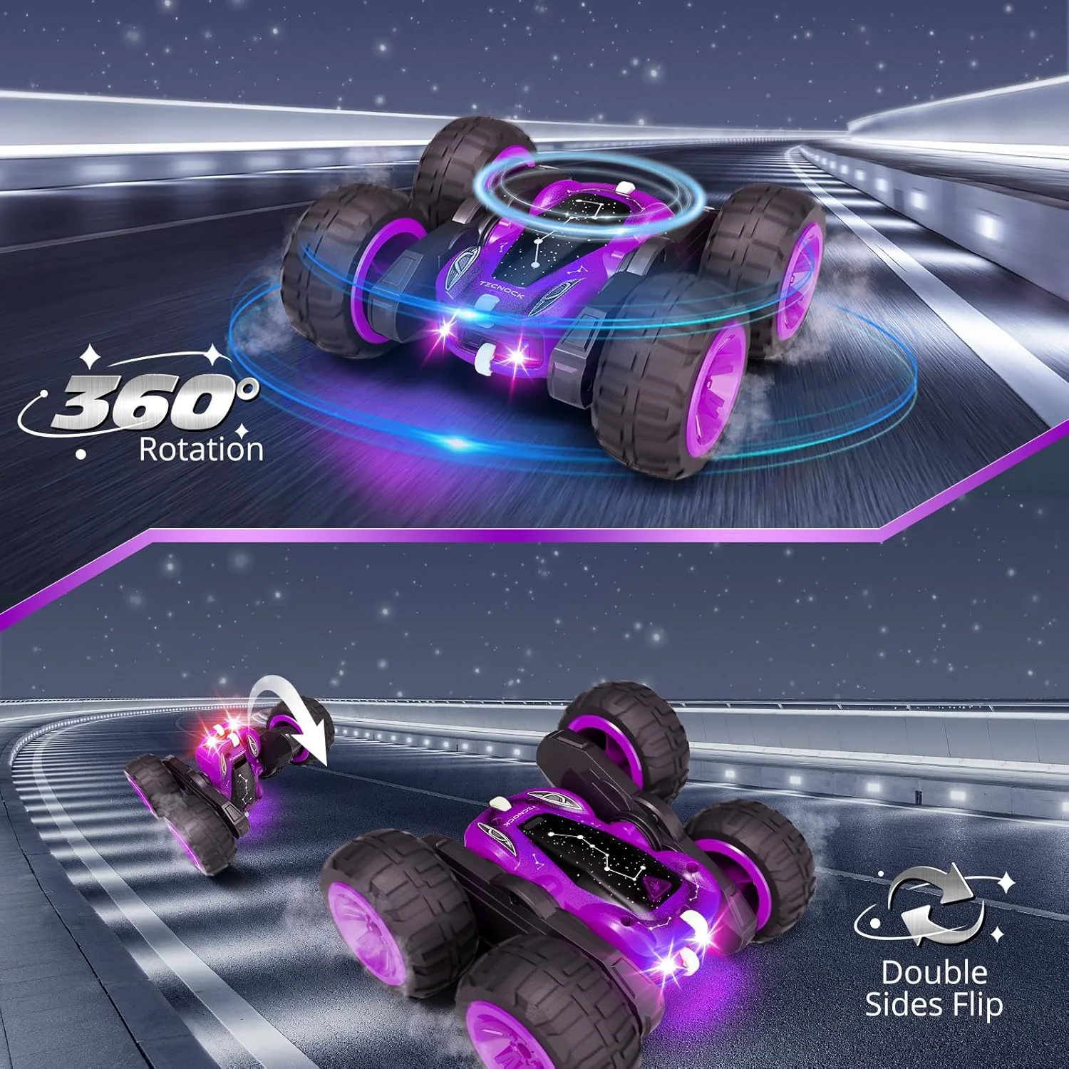 ماشین کنترلی Tecnock مدل 2024 با کنترل از راه دور 2.4 گیگاهرتز، قابلیت چرخش 360 درجه، ماشین بدلکاری RC، کامیون هیولا با نور رنگارنگ، هدیه اسباب بازی فضای باز برای پسران و کودکان 3 تا 12 سال