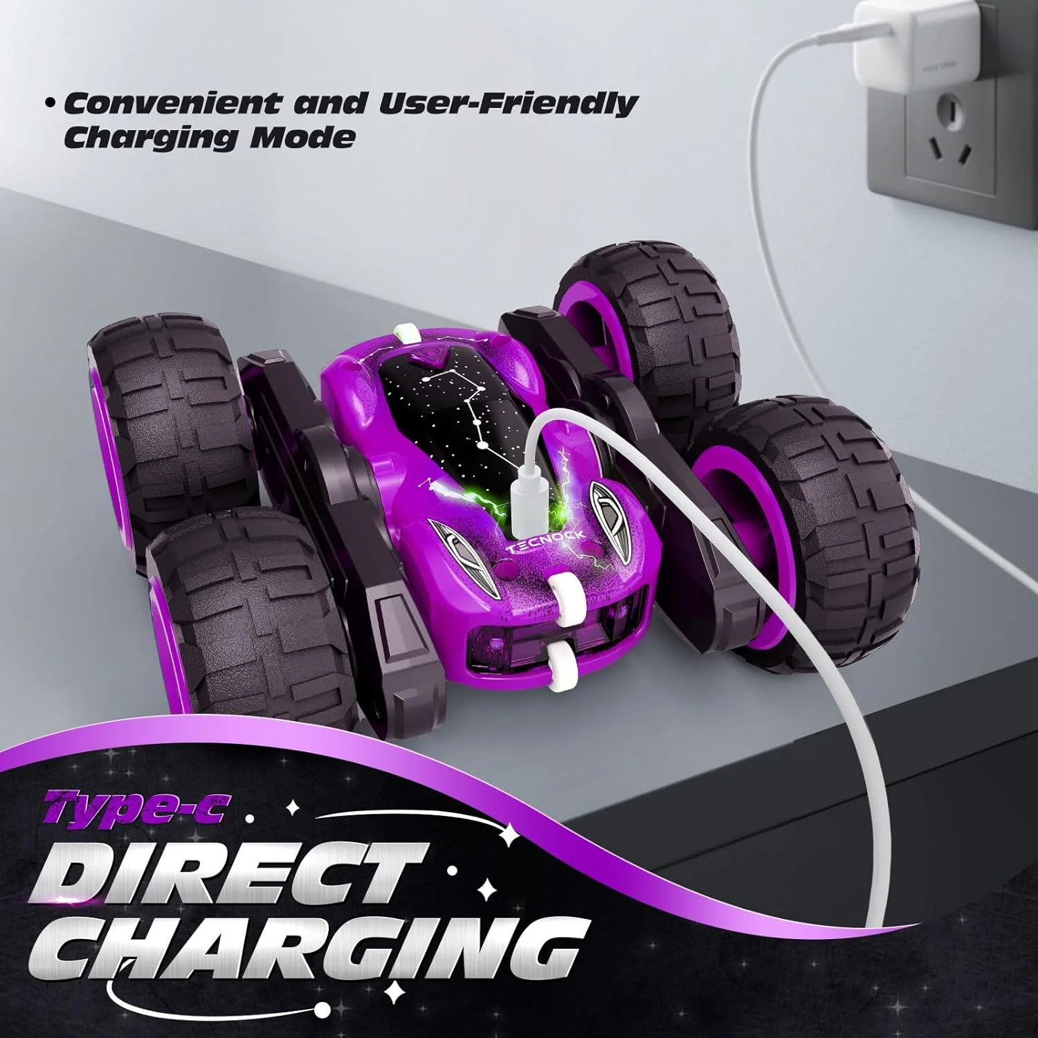 ماشین کنترلی Tecnock برای کودکان، ماشین آرسی 2.4 گیگاهرتز با شارژ آسان USB-C، 4WD دو طرفه با قابلیت چرخش 360 درجه و انجام حرکات نمایشی، اسباب بازی هدیه برای پسران و دختران