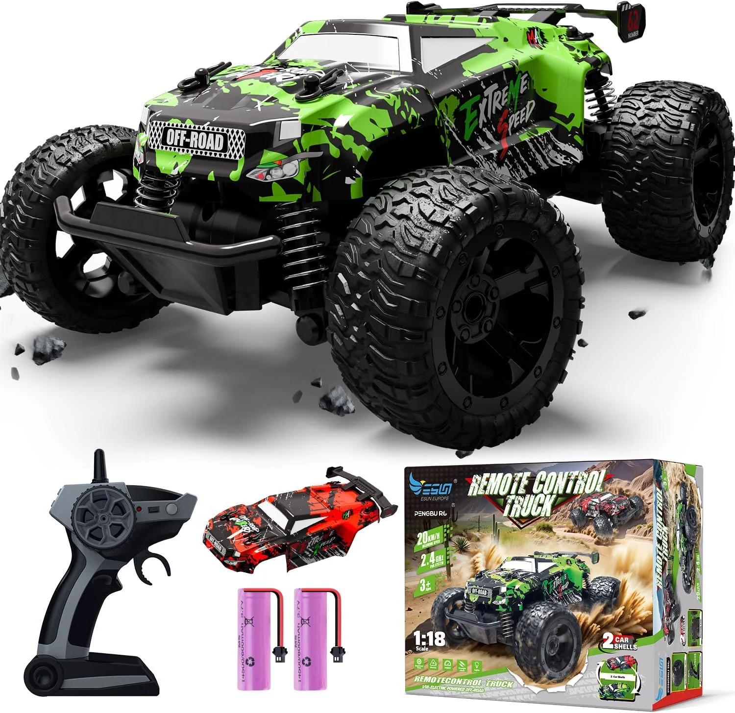 ماشین کنترلی، کامیون هیولا کنترلی مناسب کودکان 3، 4، 6 و 8 ساله، ماشین آرسی 2.4 گیگاهرتز با پوسته دوبل، چراغ و 2 باتری، ماشین اسباب بازی کامیون هیولا کنترلی برای پسران و دختران