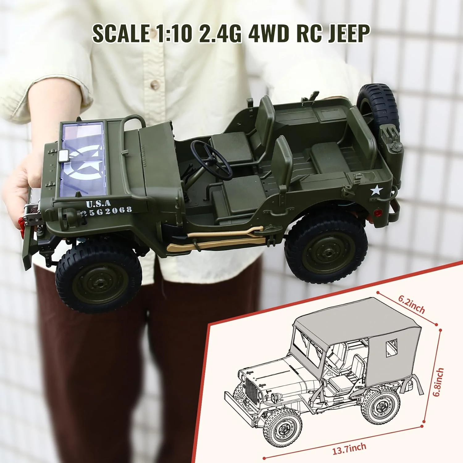 کامیون کنترلی آفرود - کامیون آرسی صخره نورد ارتشی ویلیز 4x4 مقیاس 1/10 با وینچ و روکش ماشین، 40 دقیقه زمان بازی، ماشین آرسی آفرود تمام زمینی، اسباب بازی وسایل نقلیه نظامی برای پسران، ماشین کنترل از راه دور