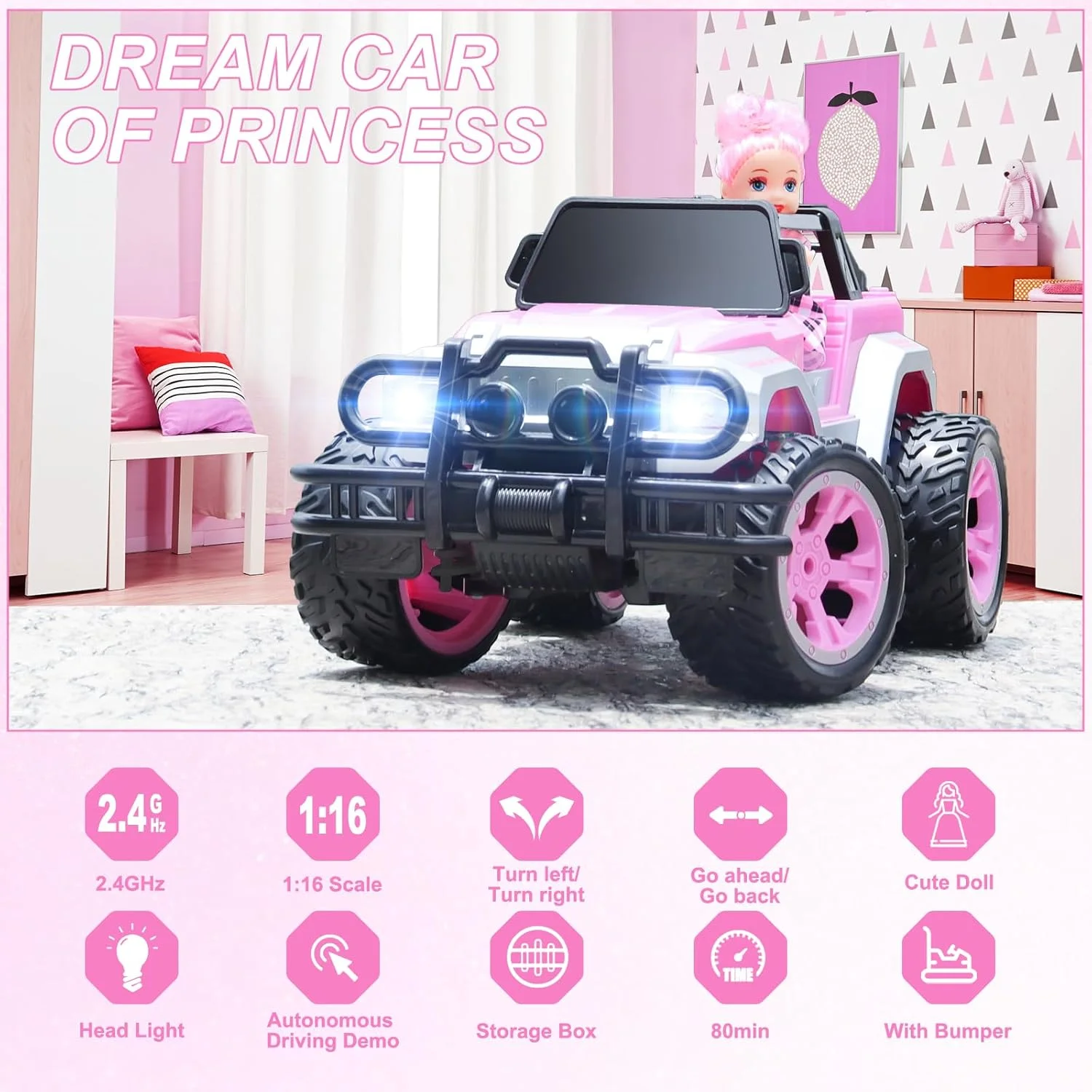 ماشین کنترلی از راه دور برای دختران، ماشین آرسی صورتی با عروسک و برچسب برای دختران 6 تا 10 ساله، 80 دقیقه با باتری قابل شارژ، مقیاس 1:16 2.4 گیگاهرتز، OX11S هدیه تولد عالی