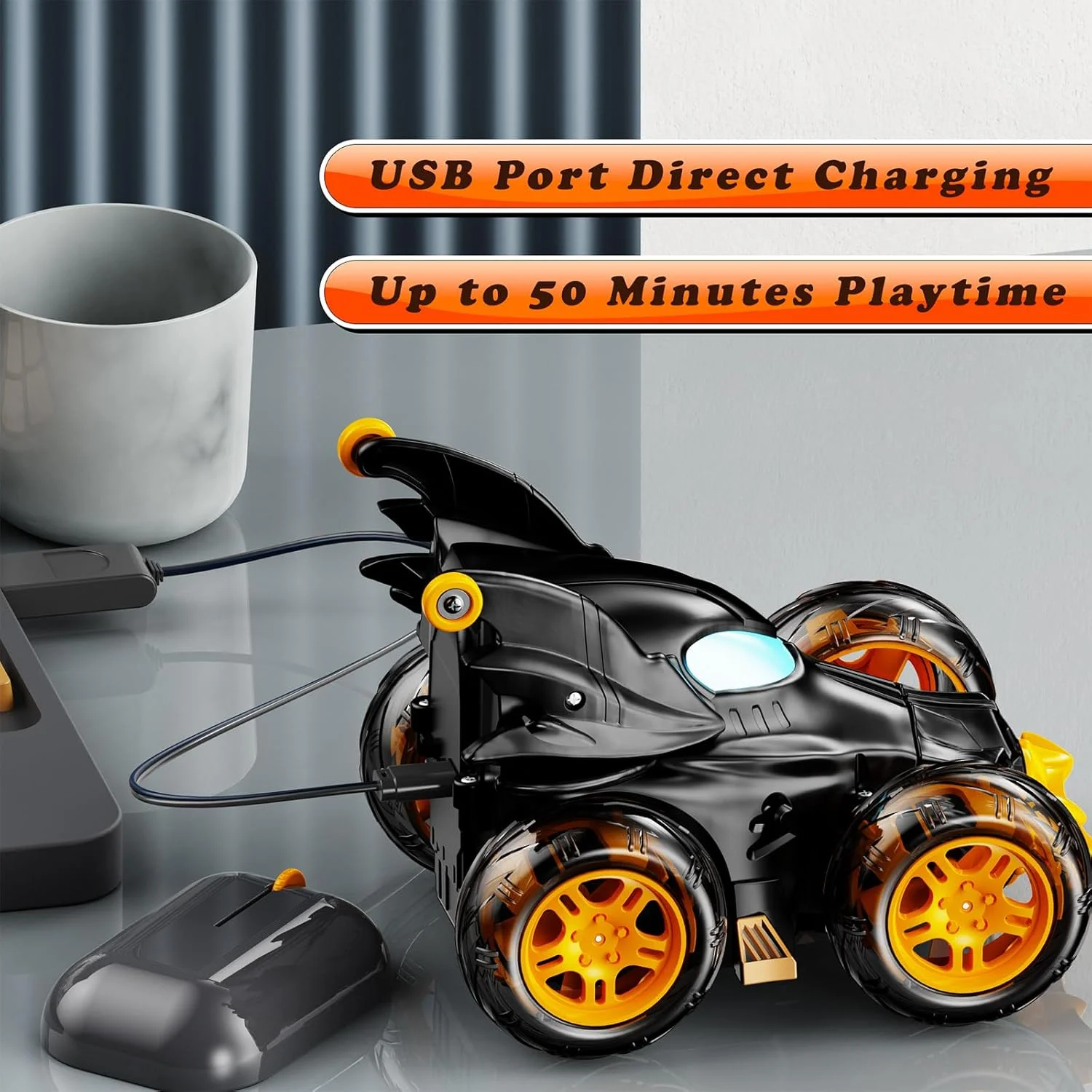 ماشین کنترلی خفاشی برای پسران، ماشین های بدلکاری 4WD با قابلیت چرخش 360 درجه با چراغ های جذاب، اسباب بازی های شارژی هدیه تولد برای پسران 3 4-6 6-8 ساله