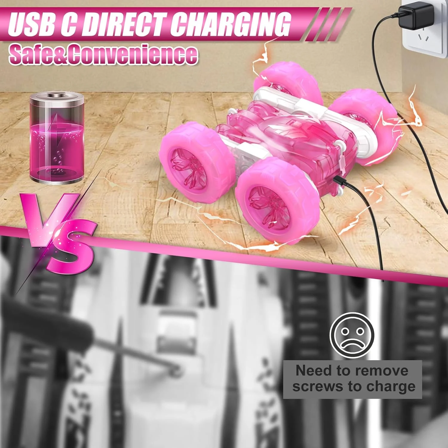 ماشین کنترلی صورتی برای دختران، شارژی، شارژ مستقیم سریع، ماشین های کنترلی برای کودکان با نور رنگارنگ، ماشین بدلکاری کنترلی دو طرفه 360 درجه چرخان 4WD، اسباب بازی ماشین کنترلی برای سنین 5-7 سال، هدیه برای دختران 6-12 ساله