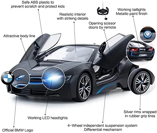 ماشین کنترلی RASTAR، مدل i8 مسابقه ای با مقیاس 1:14، باز شدن درب ها با کنترل، مشکی مات